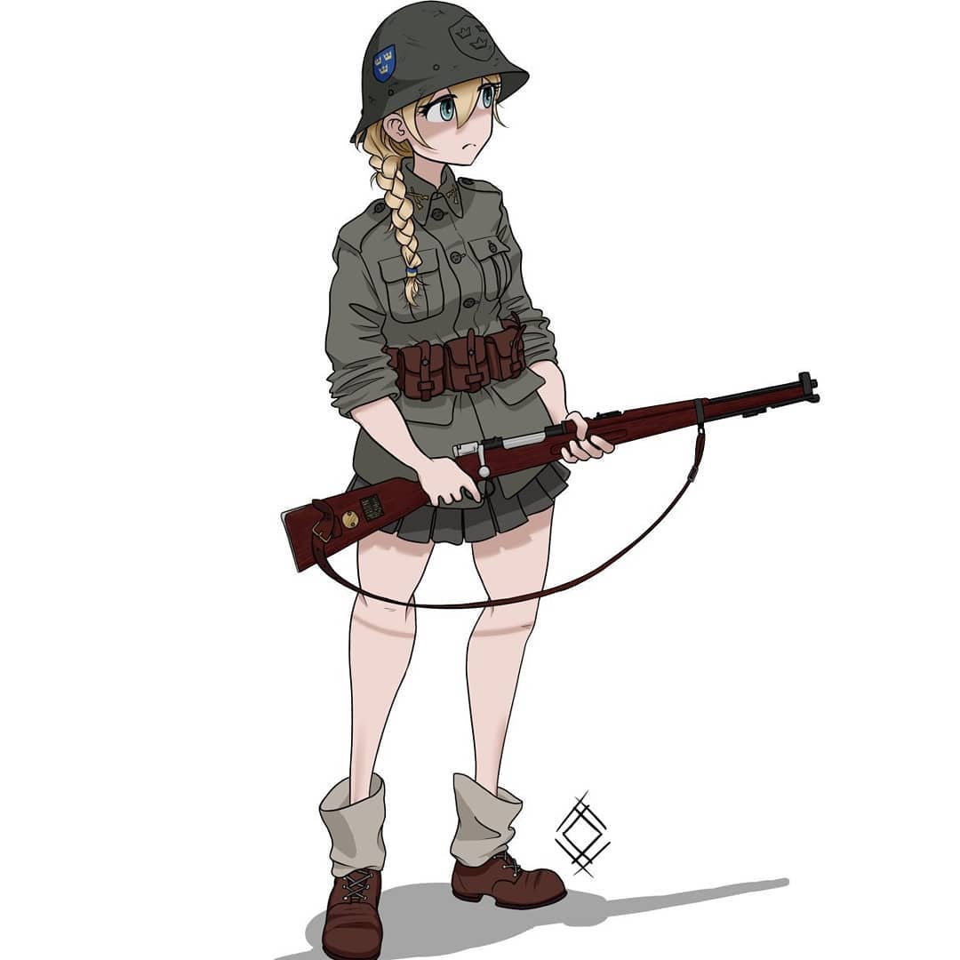 1girl ammunition_pouch blonde_hair blue_eyes bolt_action boots braid braided_ponytail brown_boots closed_mouth full_body green_shirt green_skirt gun hat helmet holding holding_gun holding_weapon long_hair m/26 military military_hat military_uniform original ostwindprojekt pouch rifle shirt simple_background single_braid skirt sleeves_rolled_up solo standing sweden weapon white_background