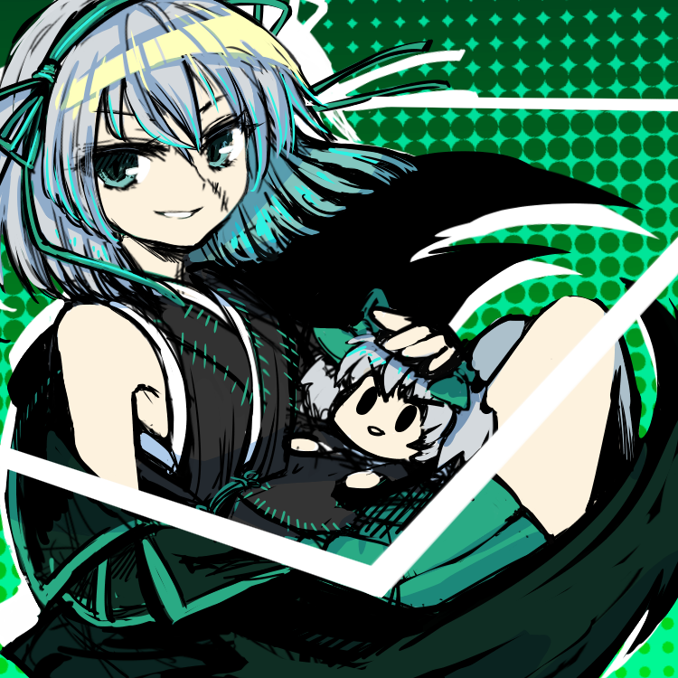 1girl anmita_(rarutos) black_kimono character_doll doll green_eyes green_hairband green_hakama green_ribbon grey_hair hair_ribbon hairband hakama hakama_short_skirt hakama_skirt hitotachi_ren holding holding_doll infinite_blade_pavilion japanese_clothes kimono looking_at_viewer original ribbon scar scar_on_face short_hair sketch skirt sleeveless sleeveless_kimono smile touhou