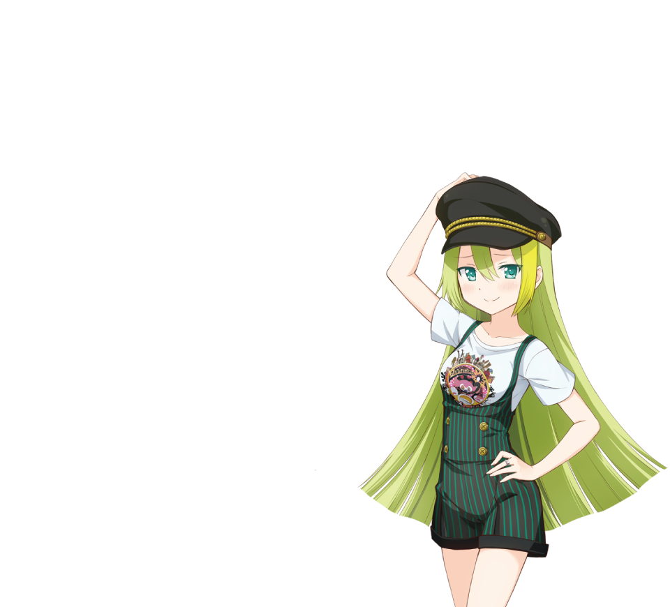 1girl alina_gray aqua_eyes black_hat blunt_ends blush buttons character_print charlotte_(madoka_magica) closed_mouth coco_ichibanya cowboy_shot dot_nose green_hair green_overalls hair_between_eyes hand_on_headwear hand_on_own_hip hat jewelry legs_together long_hair looking_at_viewer magia_record:_mahou_shoujo_madoka_magica_gaiden mahou_shoujo_madoka_magica multicolored_hair official_art overalls pants peaked_cap print_shirt ring shirt short_sleeves sidelocks simple_background smile solo split_mouth straight_hair streaked_hair striped_clothes striped_pants t-shirt transparent_background vertical-striped_clothes vertical-striped_pants very_long_hair white_shirt