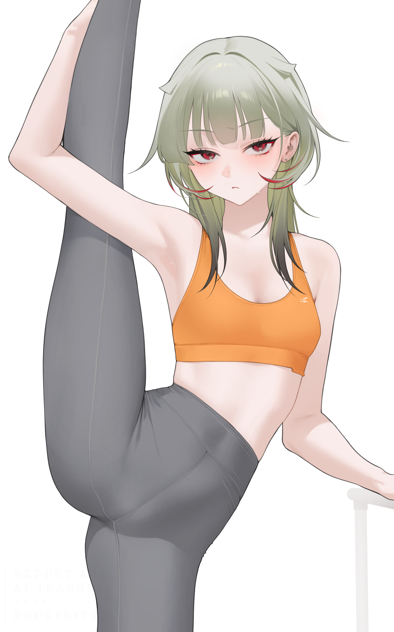 1girl armpits azur_lane bare_shoulders blush breasts cameltoe covered_navel flexible giuseppe_garibaldi_(azur_lane) green_hair grey_pants gymnastics hand_on_own_leg high-waist_pants highres holding_own_leg leg_lift leg_up long_hair looking_at_viewer multicolored_hair ohisashiburi orange_sports_bra pants red_eyes red_hair solo split sports_bra standing standing_on_one_leg standing_split streaked_hair sweat yoga_pants