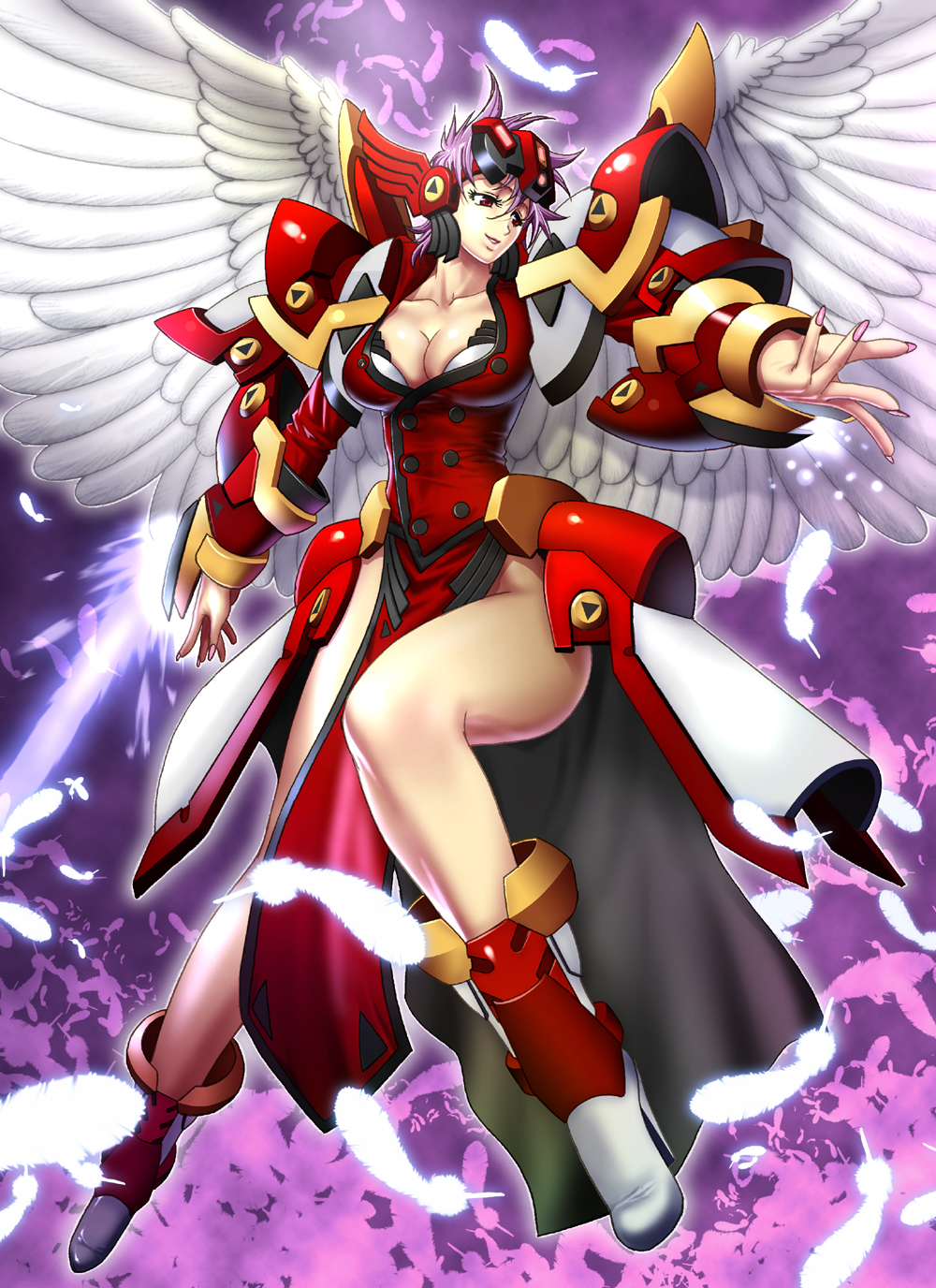 1girl angel_wings armor banpresto beckoning breasts center_opening cleavage energy_sword feathers female_focus from_side helmet high_heels highres hild_brun kazue large_breasts legs long_legs purple_hair red_eyes shoes short_hair side_slit solo super_robot_wars super_robot_wars_og_saga_mugen_no_frontier super_robot_wars_og_saga_mugen_no_frontier_exceed sword thighs weapon wings