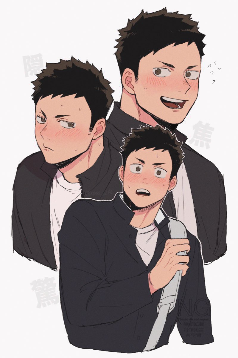 1boy bag black_hair black_jacket blush brown_eyes closed_mouth collared_jacket commentary_request crew_neck cropped_torso flying_sweatdrops haikyuu!! jacket looking_to_the_side male_focus multiple_views nervous nervous_sweating open_clothes open_jacket open_mouth popped_collar sawamura_daichi sev_s2 shirt short_hair shoulder_bag sideburns sideways_glance sweat teeth tongue upper_teeth_only white_background white_shirt
