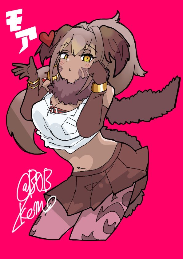 1girl b0b_kemo bare_shoulders bird_girl bird_tail bird_wings blush bracelet breast_pocket breasts brown_gloves brown_hair brown_scarf brown_skirt cleavage cowboy_shot cropped_legs cropped_shirt dark-skinned_female dark_skin double-parted_bangs elbow_gloves empty_eyes facial_mark fur_scarf gloves hands_up head_wings heart high_ponytail jewelry kemono_friends large_breasts leaning_forward long_hair looking_at_viewer midriff miniskirt navel north_island_giant_moa_(kemono_friends) pantyhose parted_lips pink_background pink_pantyhose pleated_skirt pocket ponytail scarf shirt simple_background skirt sleeveless sleeveless_shirt slit_pupils solo stomach tail twitter_username very_long_hair white_shirt wings yellow_eyes
