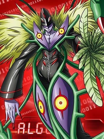 1boy algomon algomon_perfect binary claws digimon digimon_(creature) feathers hat horns leaf lowres male_focus mask official_art solo thorns yellow_eyes
