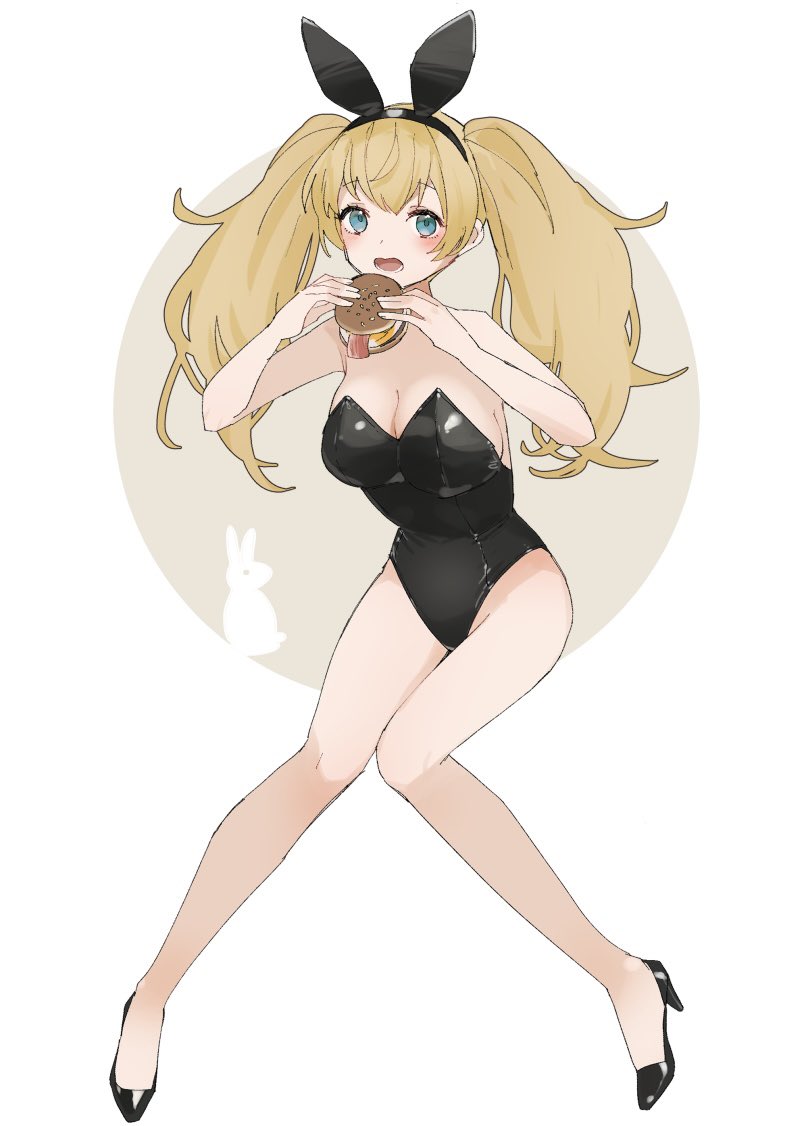 1girl animal_ears bare_legs black_footwear black_leotard blonde_hair blue_eyes burger fake_animal_ears food full_body gambier_bay_(kancolle) high_heels kantai_collection leotard long_hair playboy_bunny rabbit rabbit_ears solo strapless strapless_leotard tsukimi_burger yamashichi_(mtseven)