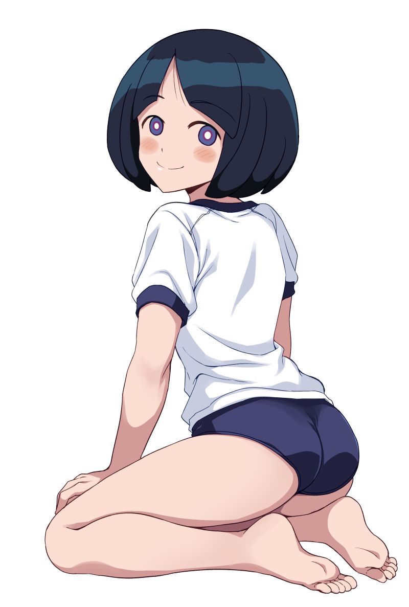 1girl ass black_hair blue_eyes blue_shorts blush bob_cut bright_pupils buruma from_behind gundam gundam_gquuuuuux gym_shirt gym_shorts gym_uniform looking_back mature_female ponzu_rui seiza shiiko_sugai shirt short_hair short_shorts shorts sitting smile solo t-shirt tight_clothes white_background white_pupils white_shirt