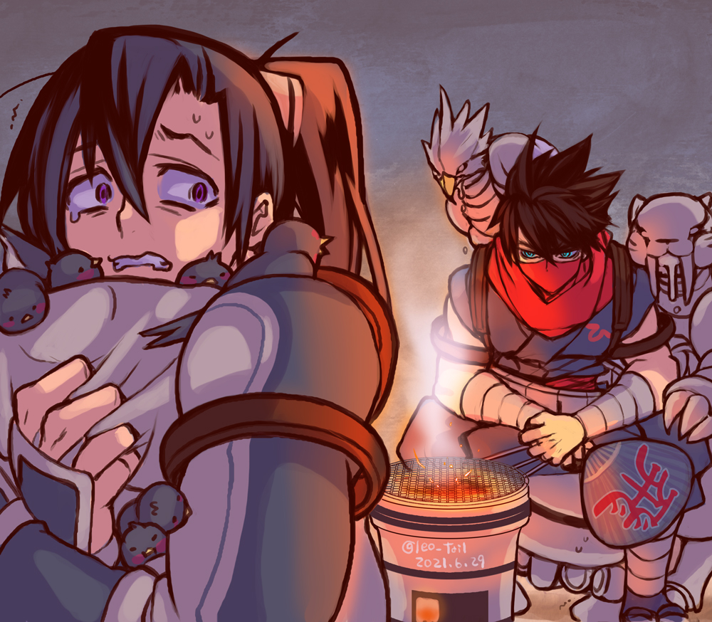 2boys aqua_eyes blue_hair brown_hair clenched_teeth dated hair_between_eyes hand_fan holding holding_fan leo_tail long_hair looking_at_another male_focus mask mouth_mask multiple_boys non-humanoid_robot ponytail purple_eyes red_mask red_scarf robot robot_animal scarf short_hair strider_(video_game) strider_hien strider_hiryuu sweat tearing_up teeth tetrapodal_mecha_panther twitter_username