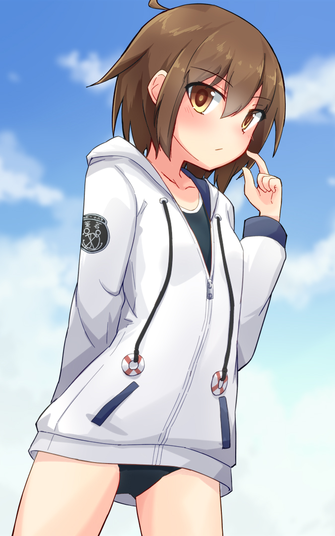 1girl black_one-piece_swimsuit blue_sky brown_eyes brown_hair cloud commission competition_school_swimsuit cosplay cowboy_shot drawstring flat_chest hood hooded_jacket jacket kakizaki_(chou_neji) kantai_collection lifebuoy_ornament one-piece_swimsuit school_swimsuit short_hair skeb_commission sky solo swimsuit swimsuit_under_clothes wakaba_(kancolle) white_jacket yukikaze_(kancolle) yukikaze_(kancolle)_(cosplay) yukikaze_(swimsuit)_(kancolle)