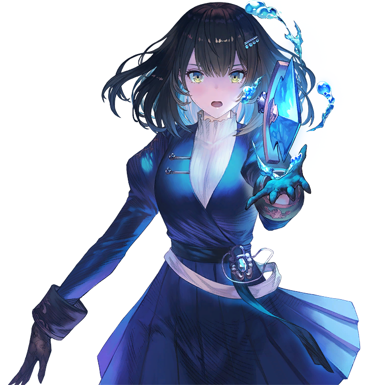 1girl blue_dress brown_dust_(series) brown_dust_2 brown_eyes brown_gloves brown_hair dagger dress floating floating_object floating_weapon game_cg gloves glowing glowing_weapon hair_between_eyes hair_ornament hydrokinesis juliet_sleeves knife lips long_sleeves looking_at_viewer medium_hair non-web_source official_art open_mouth puffy_sleeves scheherazade_(brown_dust) scheherazade_(the_lapis_witch)_(brown_dust) simple_background solo sweater transparent_background turtleneck turtleneck_sweater upper_body water weapon white_sweater
