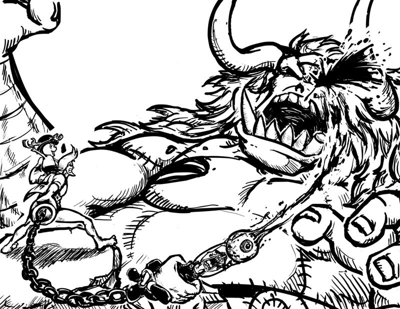 3boys cyborg franky_(one_piece) giant horns injury male_focus monochrome monster_boy multiple_boys oars one_piece open_mouth pirate reindeer sharp_teeth stitches teeth thriller_bark tony_tony_chopper usopp zombie