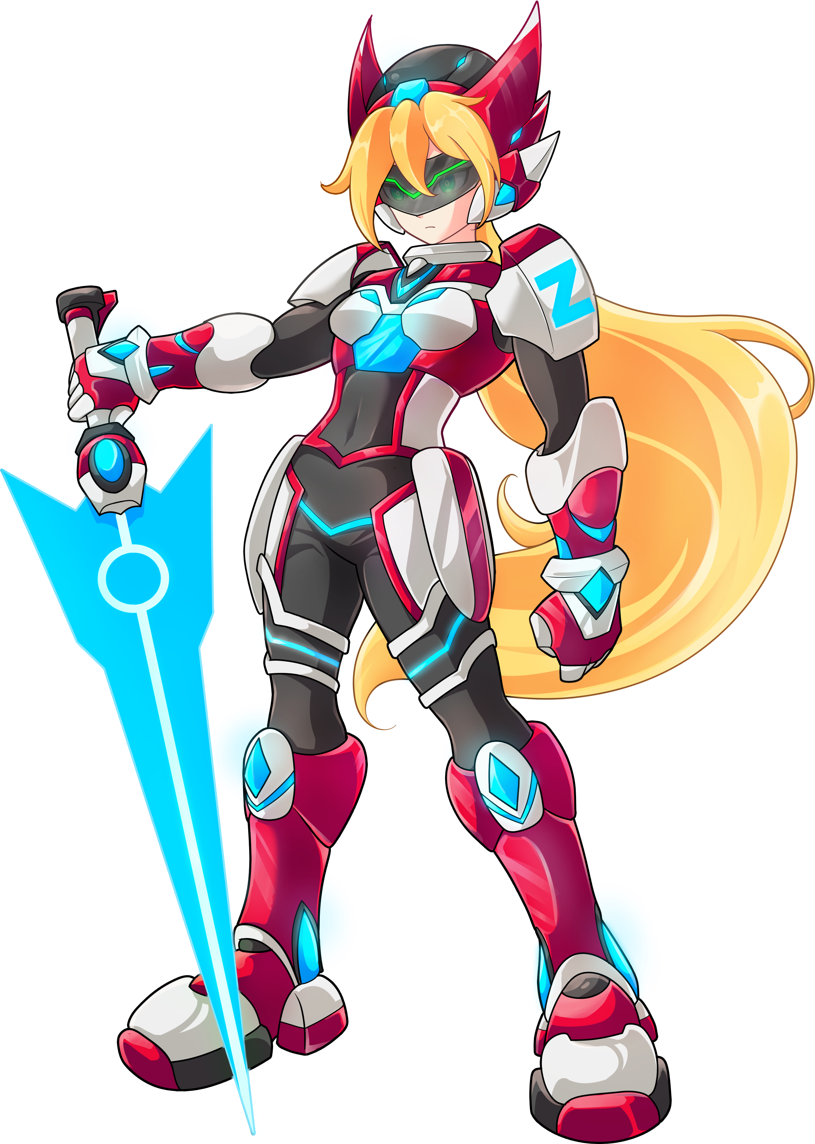 1girl absurdres armor armored_boots bike_shorts biometal blonde_hair body_armor bodystocking boots breasts chest_jewel commission commissioner_upload covered_navel elbow_pads elf_(mega_man_zx_prequel) energy_sword eyelashes forehead_jewel gauntlets green_eyes helmet highres hip_armor holding holding_sword holding_weapon knee_pads long_bangs long_hair mechanical_ears mega_man_(series) mega_man_zx model_z_(mega_man) non-web_source original petite shorts shoulder_armor small_breasts sword transparent_background uta_guipiy weapon