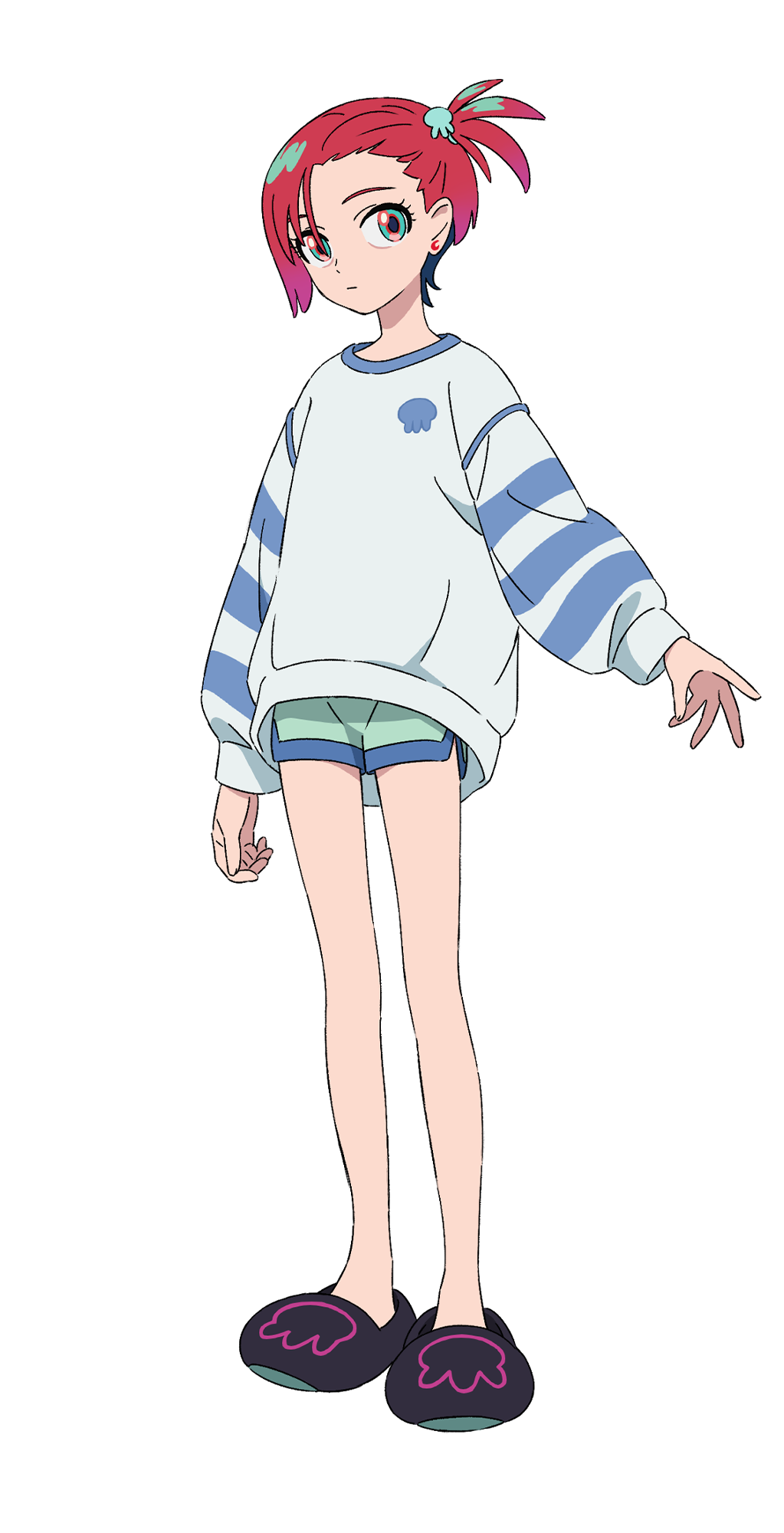 1girl alternate_hairstyle amate_yuzuriha aqua_eyes dolphin_shorts full_body gundam gundam_gquuuuuux hair_between_eyes highres no_socks official_art ponytail red_hair short_hair short_ponytail shorts side_ponytail slim_legs slippers solo sweater transparent_background
