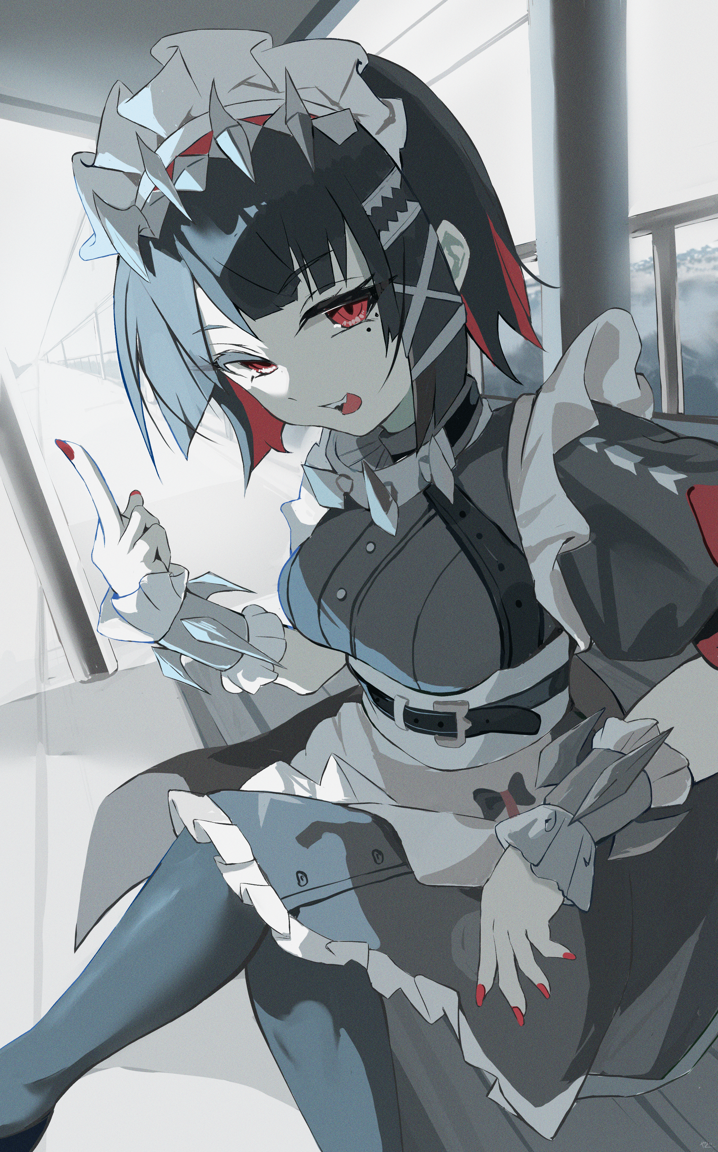 1girl absurdres apron black_dress black_hair black_pantyhose colored_inner_hair crossed_legs dress ellen_joe hair_ornament highres looking_at_viewer maid maid_headdress middle_finger mole mole_under_eye multicolored_hair open_mouth pantyhose red_eyes red_hair solo teeth upper_teeth_only white_apron white_wrist_cuffs wrist_cuffs x_hair_ornament yato_(yama0x1) zenless_zone_zero