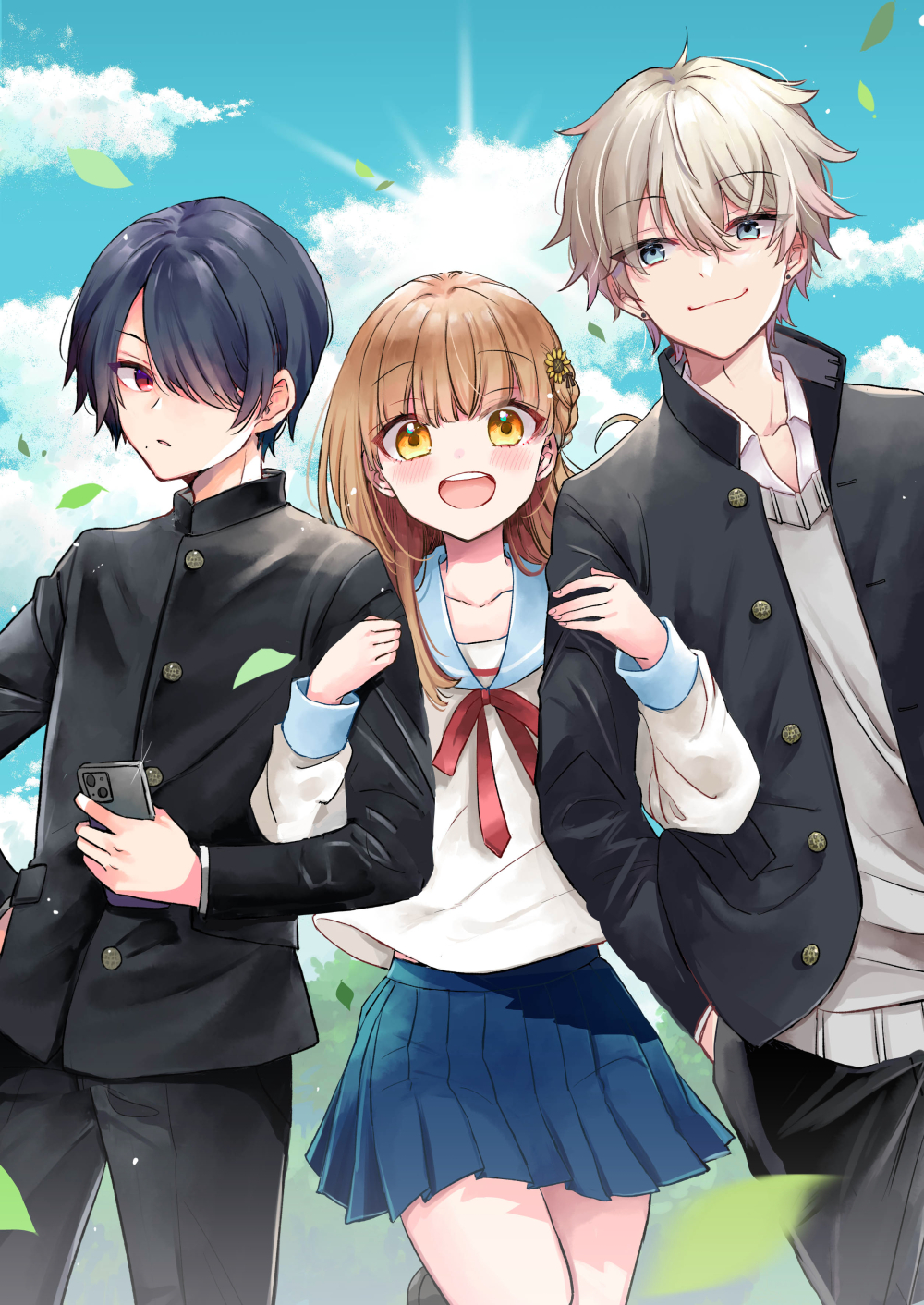 1girl 2boys :d black_hair black_jacket black_pants blue_eyes blue_sailor_collar blue_skirt blue_sky bow braid brown_hair cellphone closed_mouth cloud collared_shirt commentary_request day dress_shirt flower gakuran grey_hair hair_between_eyes hair_flower hair_ornament hair_over_one_eye highres holding holding_phone jacket locked_arms long_hair long_sleeves mito_(go!go!king!) multiple_boys open_clothes open_jacket open_mouth orange_eyes original outdoors pants parted_lips phone pleated_skirt puffy_long_sleeves puffy_sleeves red_bow red_eyes sailor_collar school_uniform shirt skirt sky smile sunflower sunflower_hair_ornament sweater_vest white_shirt yellow_flower