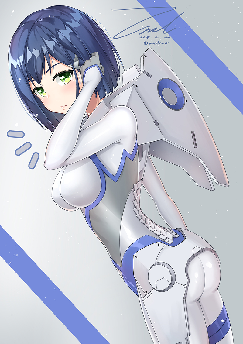1girl adjusting_hair arm_at_side artist_name ass asymmetrical_hair blue_bodysuit bob_cut bodysuit breasts clip_studio_paint_(medium) closed_mouth commentary cowboy_shot darling_in_the_franxx dated dutch_angle from_behind from_side green_eyes grey_background hair_ornament hairclip hand_up hood hood_down ichigo_(darling_in_the_franxx) impossible_bodysuit impossible_clothes light_blush light_particles looking_back looking_to_the_side loose_hair_strand mecha_pilot_suit medium_breasts notice_lines parasite_suit_(darling_in_the_franxx) signature skin_tight solo swept_bangs symbol-only_commentary twitter_username two-tone_bodysuit unel white_bodysuit