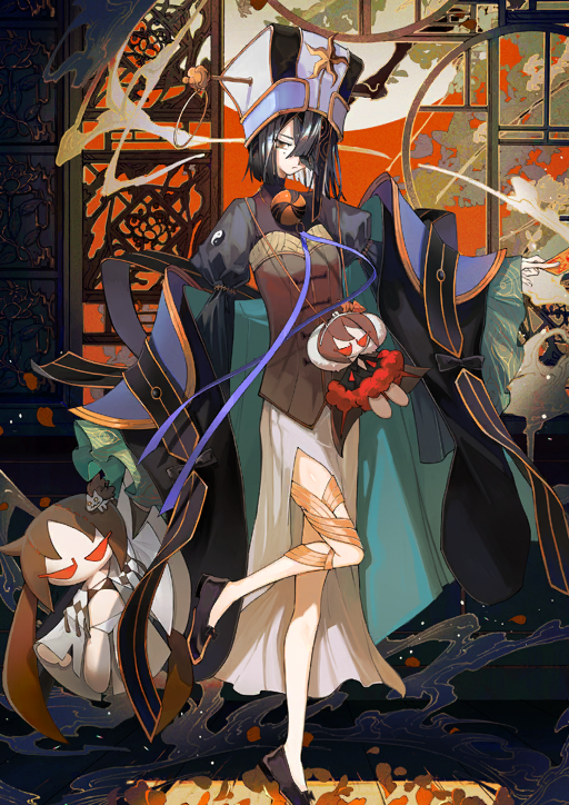 1girl arm_at_side black_hair black_shoes blunt_ends brown_eyes character_doll chinese_clothes closed_mouth clothing_request colored_inner_hair doll endo_(takolegs) expressionless fate/grand_order fate_(series) full_body game_cg hair_over_one_eye hand_up hat head_tilt holding holding_doll lady_yu_doll leg_up long_sleeves looking_at_viewer mole mole_under_eye multicolored_hair official_art one_eye_covered outstretched_arm shoes short_hair side_slit skirt smoke solo standing standing_on_one_leg third-party_source turtleneck variant_set white_hair white_hat white_skirt wide_sleeves xu_fu_(fate) xu_fu_(third_ascension)_(fate) yin_yang