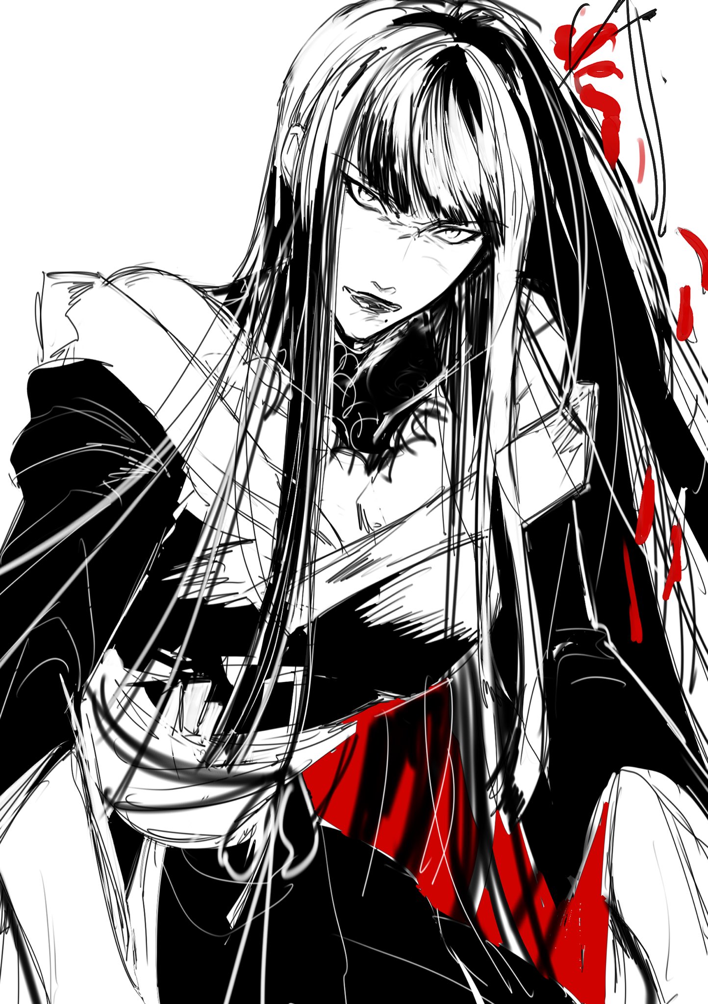 1girl collar cowboy_shot final_fantasy final_fantasy_xiv frown greyscale highres hyur japanese_clothes kimono long_hair looking_at_viewer monochrome obi off_shoulder ps_(postscript) sash simple_background sketch solo spot_color white_background yotsuyu_goe_brutus