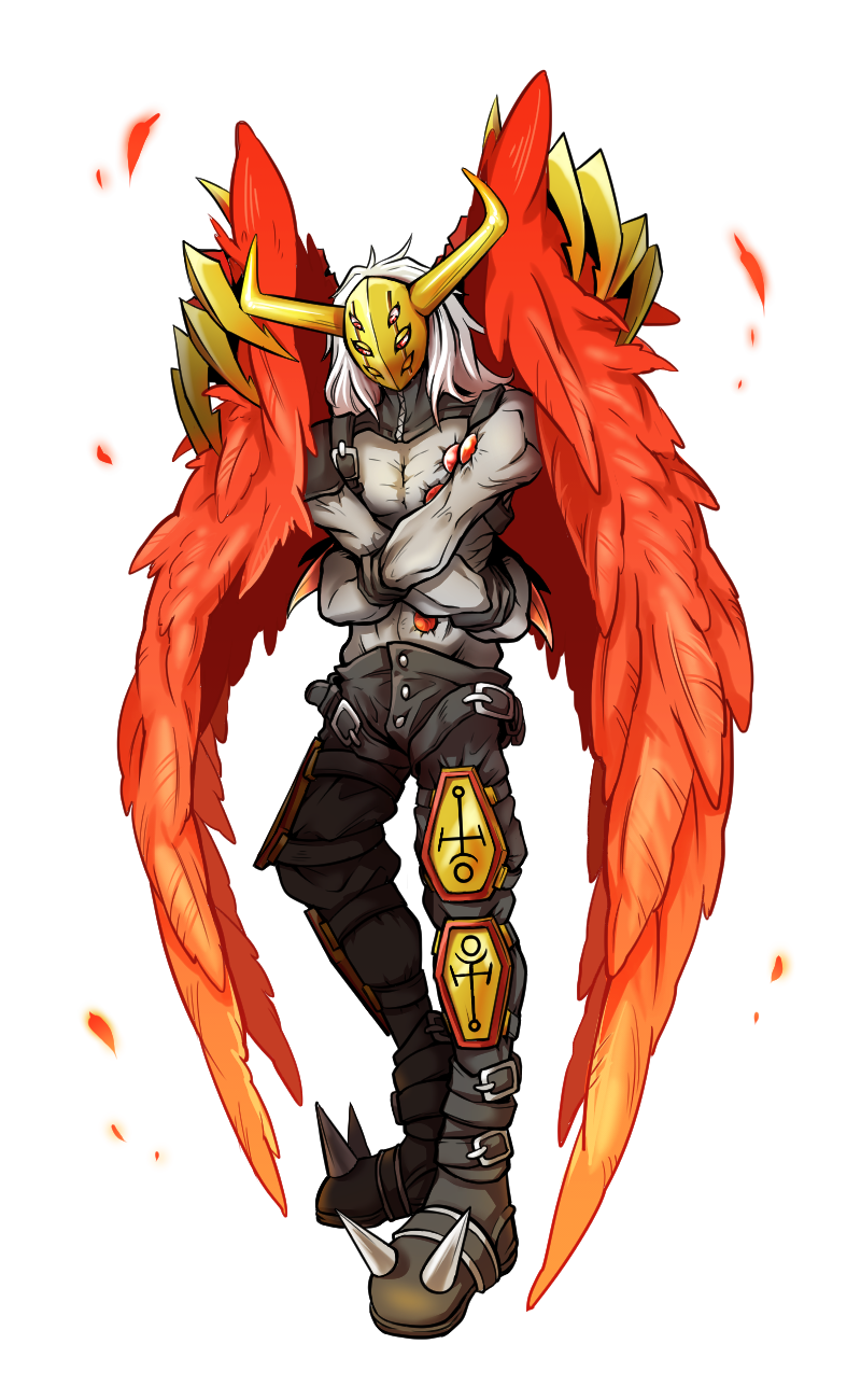 1boy artist_request claws demon_wings digimon digimon_(creature) full_body highres horned_mask horns long_hair mask muscular neodevimon pectorals red_wings white_hair wings