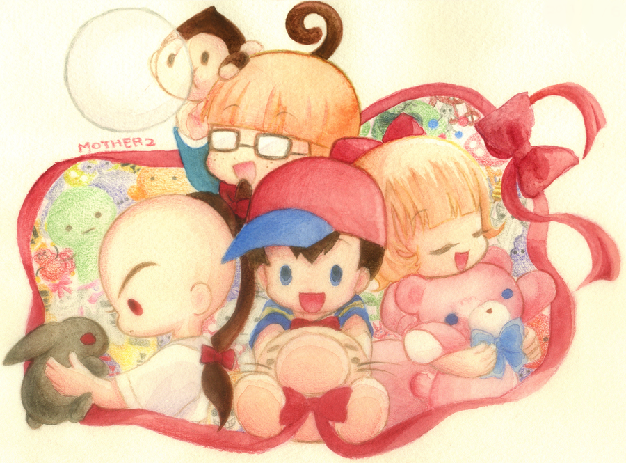 1girl 3boys bad_id bad_pixiv_id black_hair blonde_hair blue_eyes bubble_monkey rabbit child doseisan glasses hat hug jeff_andonuts monkey mother_(series) mother_2 multiple_boys ness_(mother_2) nintendo paula_(mother_2) poo_(mother_2) smile stuffed_animal stuffed_toy traditional_media