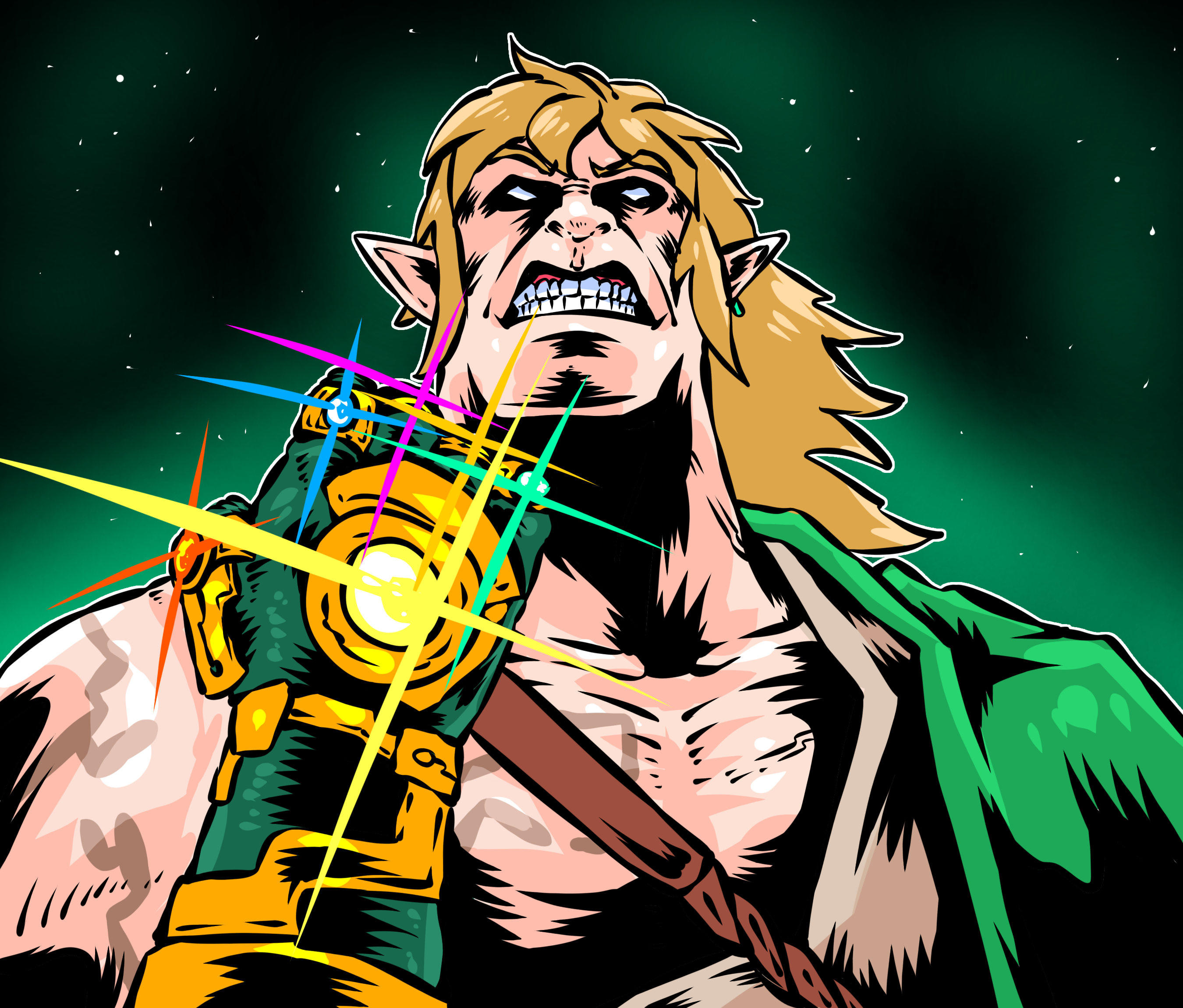archaic_set_(zelda) asymmetrical_clothes bidul_(bidul72476120) blank_eyes blonde_hair blue_gemstone body_markings broad_shoulders cel_shading chest_tattoo clenched_hand clenched_teeth earrings gauntlets gem glowing_gem green_background green_gemstone green_tunic grimace hair_down highres infinity_gauntlet jewelry large_pectorals link medium_hair messy_hair multiple_rings muscular muscular_male nintendo no_pupils orange_gemstone parody pectorals pointy_ears purple_gemstone red_gemstone ring shoulder_tattoo single_bare_shoulder style_parody tattoo teeth thanos the_legend_of_zelda the_legend_of_zelda:_tears_of_the_kingdom tunic yellow_gemstone