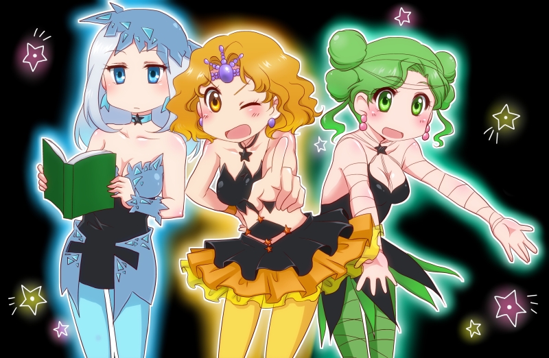 3girls bare_shoulders bishoujo_senshi_sailor_moon bishoujo_senshi_sailor_moon_s black_background blue_eyes blue_legwear book breasts choker cleavage double_bun green_eyes green_hair green_legwear hat kiraki mimete_(sailor_moon) multiple_girls nichijou one_eye_closed orange_eyes orange_hair pantyhose parody short_hair skirt smile star_(symbol) style_parody tellu_(sailor_moon) viluy_(sailor_moon) white_hair wink witches_5 yellow_legwear