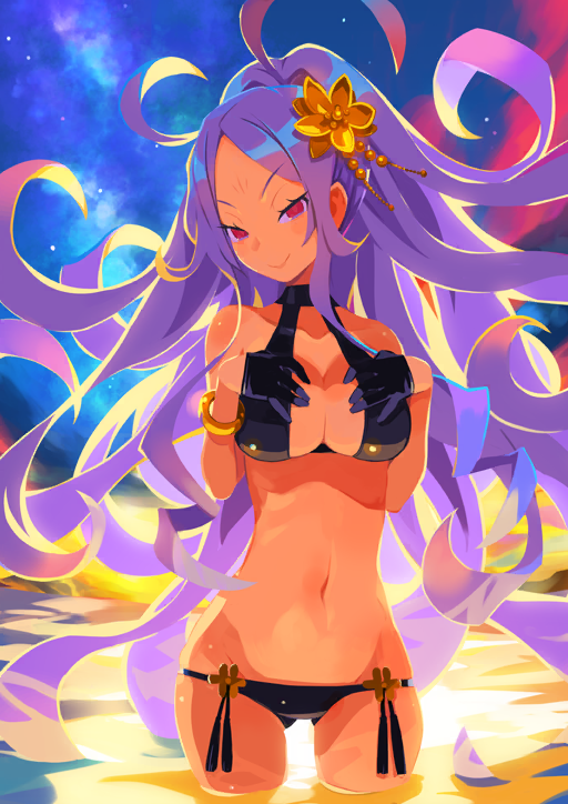 1girl ahoge bangle bare_shoulders bikini black_bikini black_gloves bracelet breasts cleavage collarbone cowboy_shot facial_mark fate/grand_order fate_(series) floating_hair forehead_mark game_cg gloves gluteal_fold gold_bracelet groin hair_ornament half_gloves halterneck hands_on_own_chest hands_up harada_takehito head_tilt jewelry long_hair long_sidelocks looking_at_viewer lowleg lowleg_bikini medium_breasts navel ocean official_art parted_bangs pink_eyes purple_hair sidelocks solo stomach swimsuit tassel third-party_source very_long_hair wading water wet wu_zetian_(fate) wu_zetian_(swimsuit_caster)_(fate) wu_zetian_(swimsuit_caster)_(third_ascension)_(fate)
