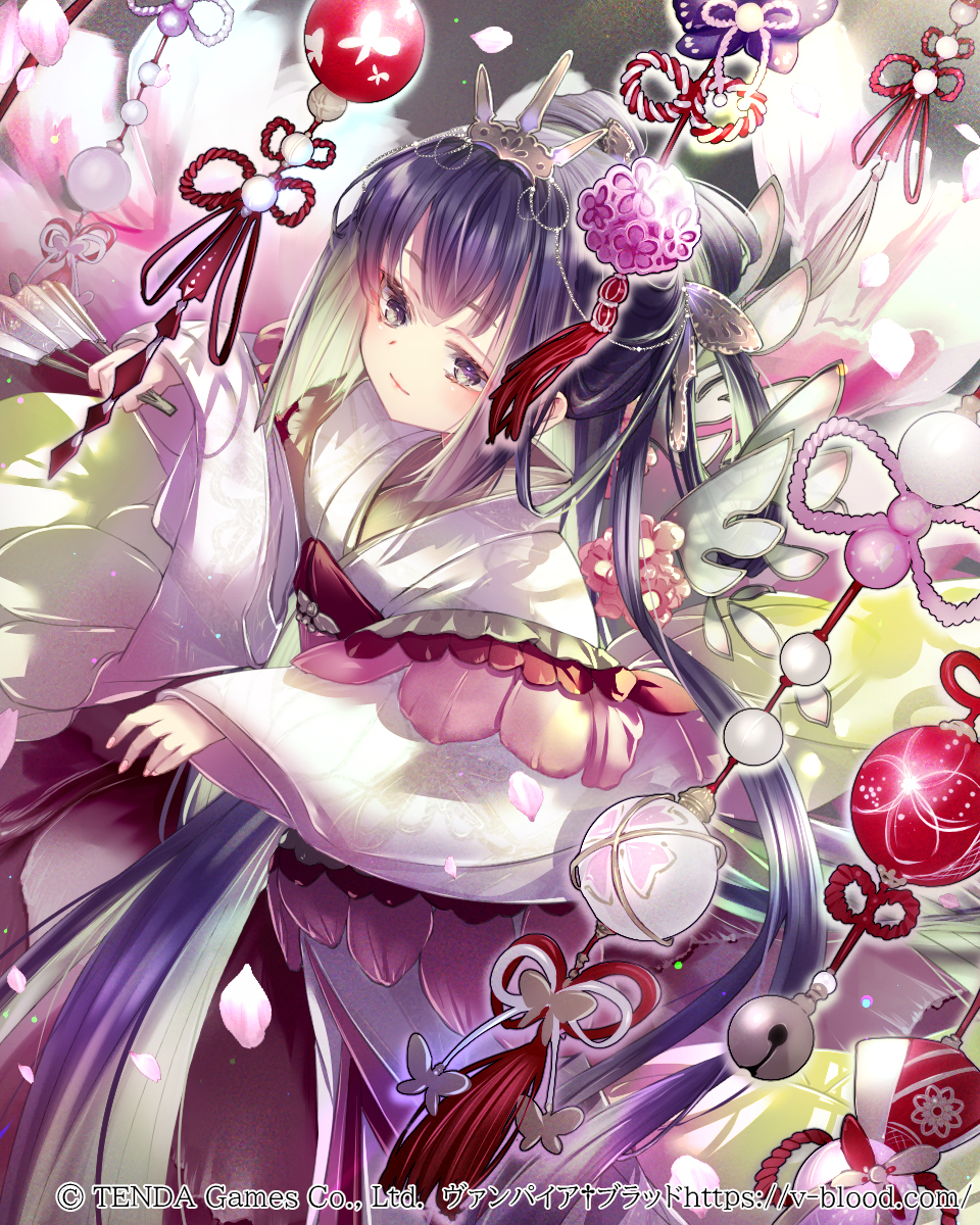1girl black_hair chizuru_misen closed_mouth commentary_request copyright_name copyright_notice folding_fan hair_rings hand_fan hane_segawa highres holding holding_fan japanese_clothes kimono light_smile long_hair long_sleeves official_art purple_eyes solo tassel vampire_blood very_long_hair white_kimono wide_sleeves