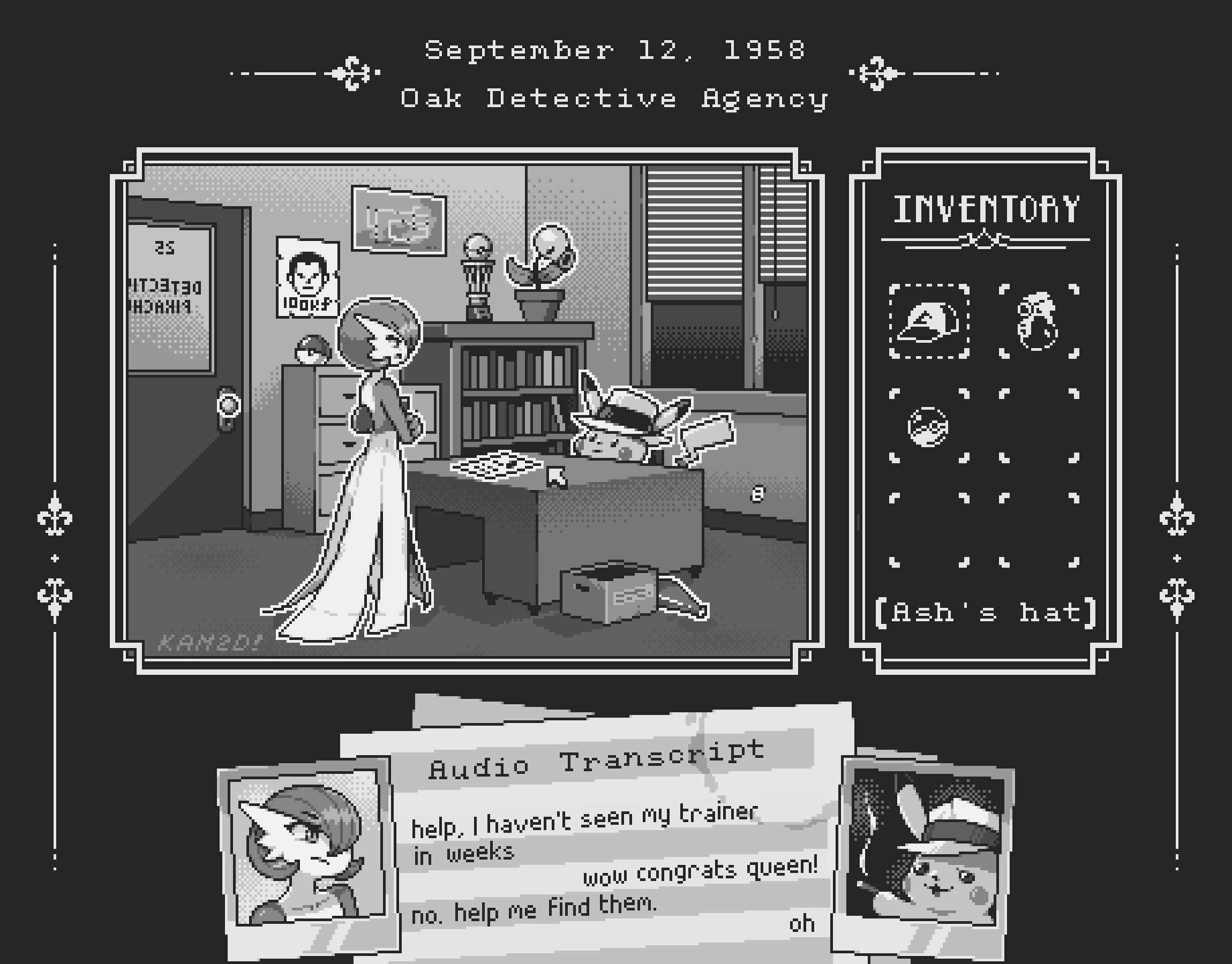 1girl :3 artist_name ash_ketchum averting_eyes backwards_text baseball_cap bellsprout blush_stickers bob_cut bookshelf bottle box cardboard_box cigarette closed_mouth clothed_pokemon collarbone crossed_arms dated desk detective_pikachu_(series) door drawer english_text fake_screenshot fedora from_behind full_body gardevoir gen_1_pokemon gen_3_pokemon giovanni_(pokemon) greyscale hair_over_one_eye happy hat highres holding holding_cigarette indoors kam2d looking_to_the_side map mirrored_text monochrome multiple_views nintendo one_eye_covered open_mouth outline paper photo_(object) pikachu pixel_art plant poke_ball poke_ball_(basic) pokemon pokemon_(creature) polaroid_photo poster_(object) potion_(pokemon) potted_plant short_hair signature smile smoke standing talking trophy white_outline