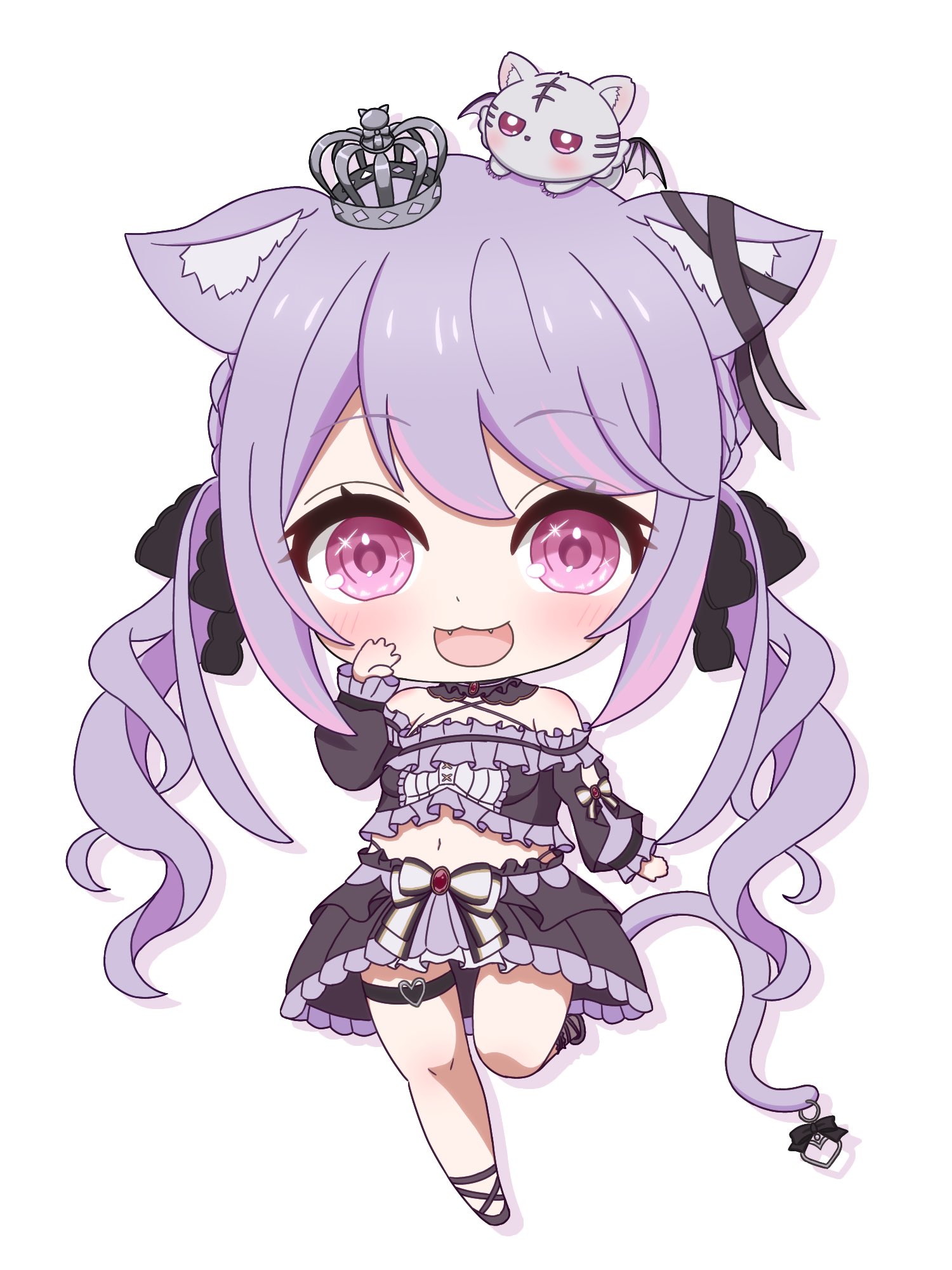 1girl :3 animal_ear_fluff animal_ears awotaka black_bow black_collar black_ribbon black_shirt black_shoes black_skirt blush bow bow_skirt breasts cat_ears cat_girl cat_tail chibi collar commentary criss-cross_halter crop_top crown detached_collar ear_ribbon fangs frilled_shirt frills full_body hair_bow halterneck highres ina_uruu long_hair looking_at_viewer low_twintails medium_breasts midriff mini_crown multicolored_hair nanashi_inc. navel open_mouth pink_eyes pink_hair purple_hair ribbon shirt shoes simple_background skirt smile solo tail thigh_strap twintails two-tone_bow two-tone_hair virtual_youtuber white_background white_bow