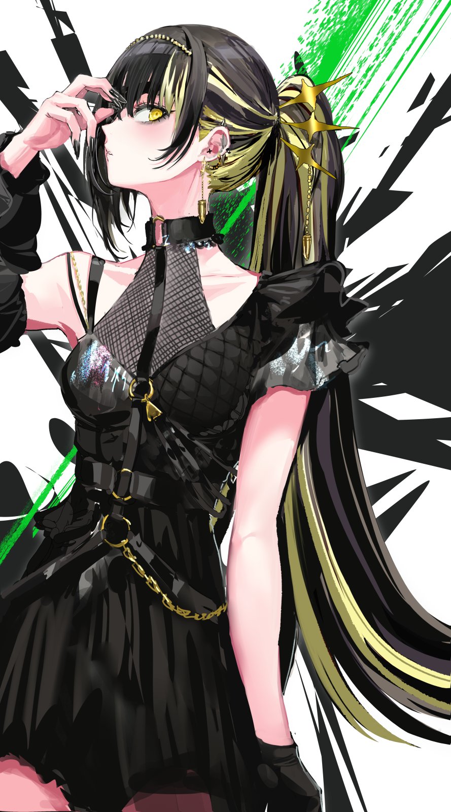 1girl arm_up barbell_piercing black_dress black_gloves black_hair black_nails blonde_hair breasts collarbone commentary detached_sleeves dress ear_piercing earrings gloves highres idolmaster idolmaster_shiny_colors ikaruga_luca industrial_piercing infukun jewelry long_hair looking_at_viewer multicolored_hair nail_polish piercing short_sleeves single_glove small_breasts solo streaked_hair white_background yellow_eyes