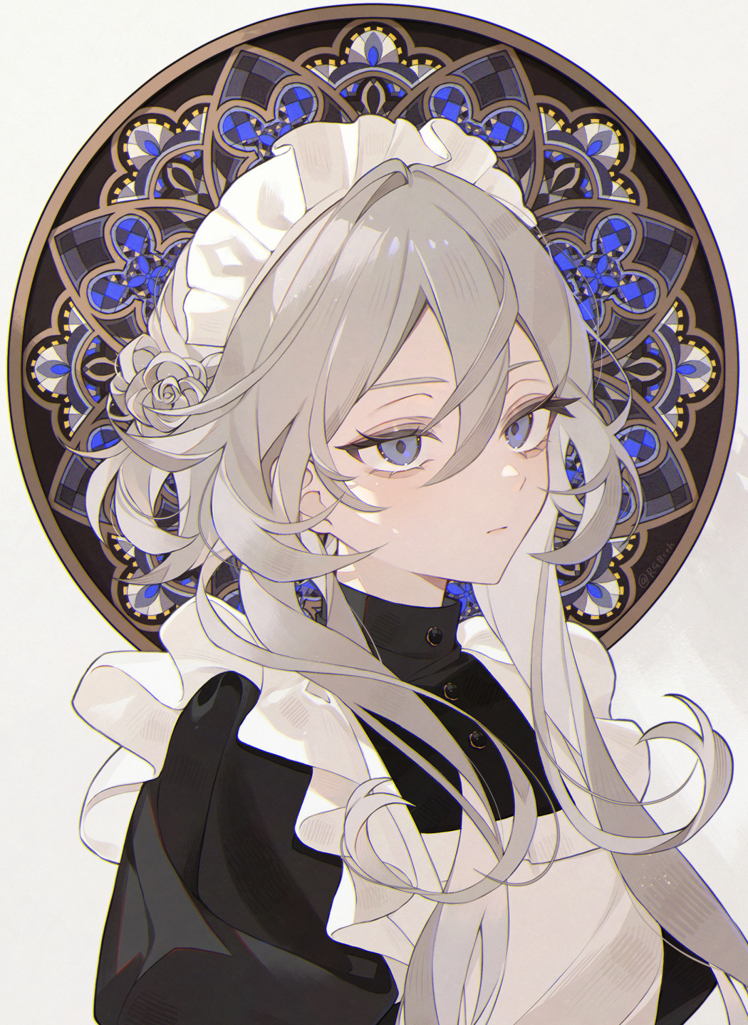 1girl apron black_dress blue_eyes dress expressionless flower frilled_apron frilled_headwear frills hair_flower hair_ornament hairband highres long_hair maid maid_apron maid_headdress original portrait satsuki_(miicat) solo white_apron white_hair white_hairband