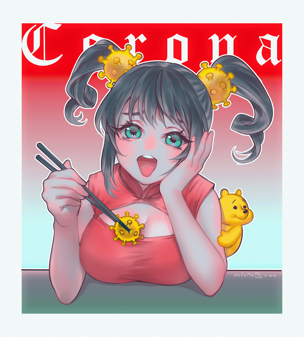 1girl :d bad_id bad_pixiv_id black_hair border breasts character_name china_dress chinese_clothes chopsticks cleavage_cutout clothing_cutout colored_skin corona-chan coronavirus coronavirus_pandemic dated dress female_focus gradient_background green_eyes grey_skin hair_ornament large_breasts looking_at_viewer octoma open_mouth original pooh red_dress red_skin round_teeth satire signature smile solo symbol-shaped_pupils teeth twintails upper_body upper_teeth_only white_border winnie_the_pooh