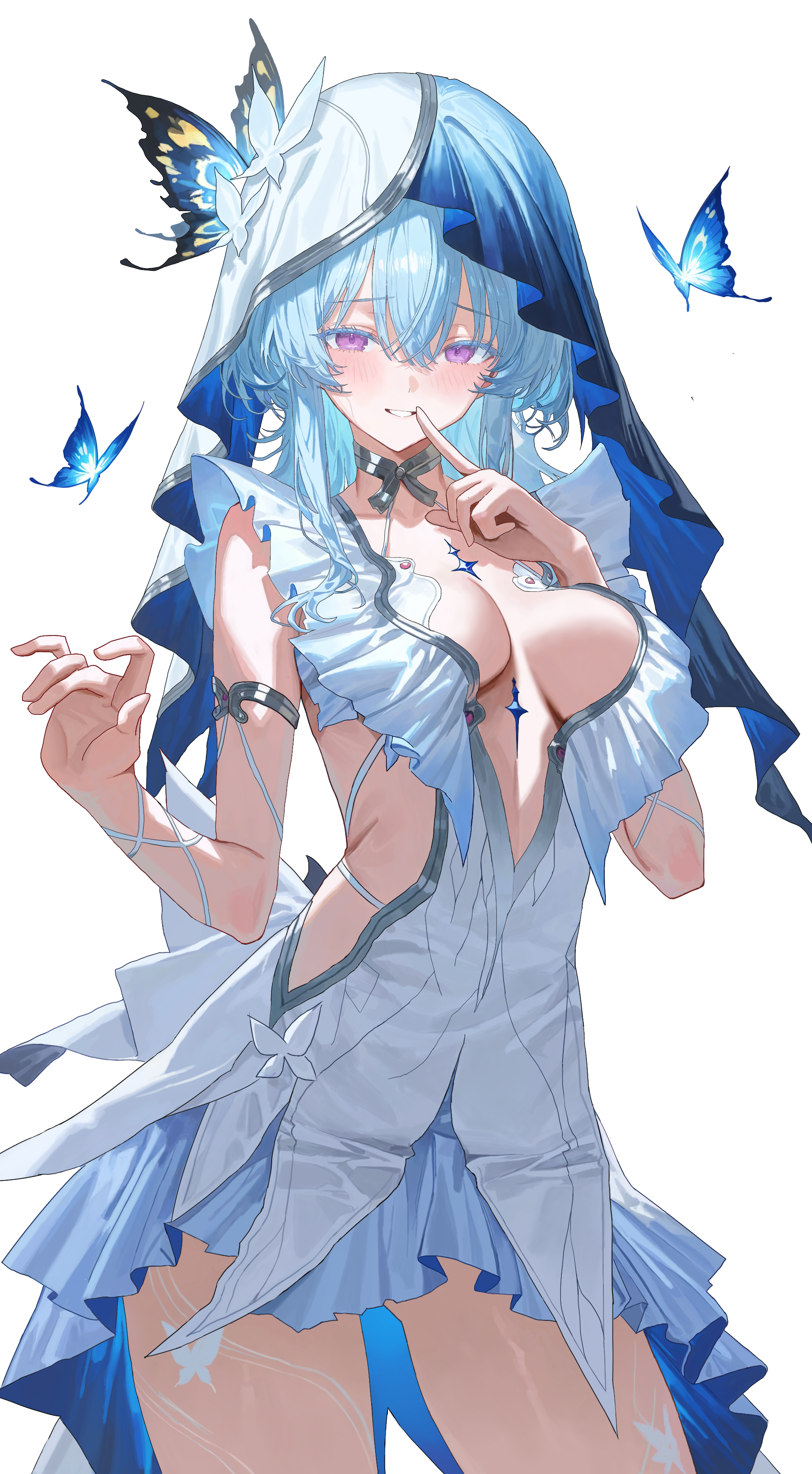 1girl absurdres ago_(ago376) armlet blue_butterfly blue_hair blue_veil blush breasts bug butterfly center_opening colored_eyelashes commentary cowboy_shot dress frilled_dress frills hair_between_eyes highres index_finger_raised insect jewelry large_breasts long_hair looking_at_viewer purple_eyes shorekeeper_(wuthering_waves) simple_background sleeveless sleeveless_dress smile solo thighs two-tone_veil veil white_background white_dress white_veil wuthering_waves
