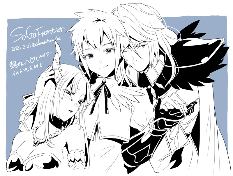 1boy 2girls asellus_(saga_frontier) black_gloves breasts cape chimaki_(impressiveanarchy) cleavage closed_mouth gloves greyscale horns ildon jewelry long_hair looking_at_viewer medium_breasts mesarthim monochrome multiple_girls necklace saga saga_frontier short_hair simple_background smile