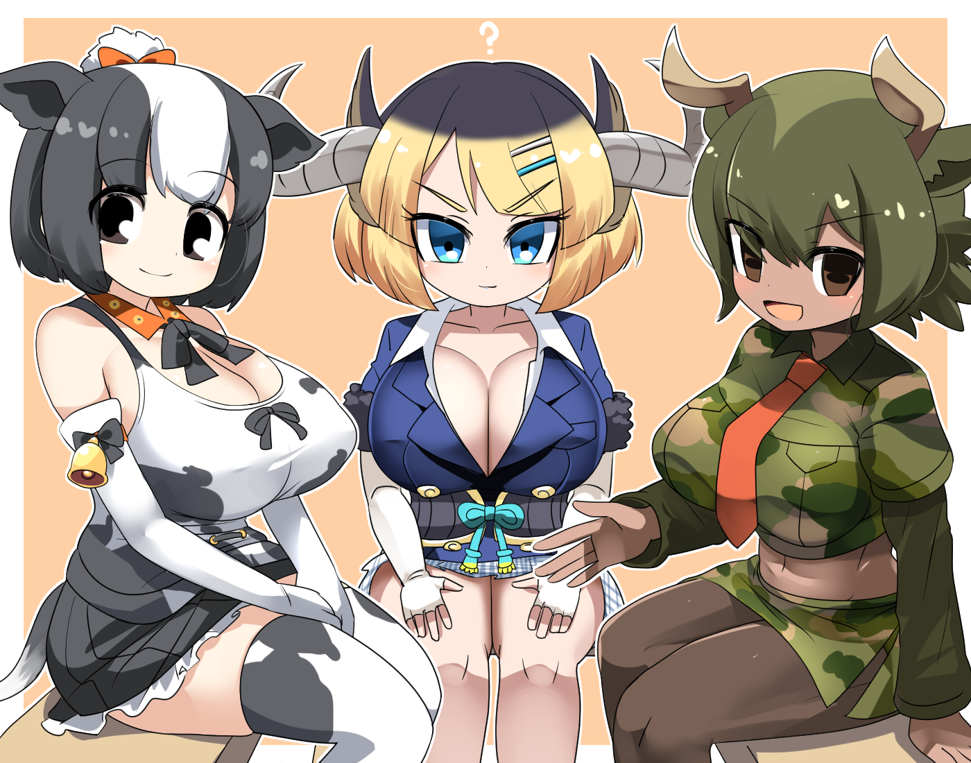 3girls :d ? animal_ears animal_print aurochs_(kemono_friends) black_bow black_bowtie black_hair black_skirt blonde_hair blue_shirt blush bow bowtie breasts brown_eyes brown_horns brown_pantyhose camouflage camouflage_shirt camouflage_skirt cleavage commentary_request cow_ears cow_girl cow_horns cow_print cow_print_thighhighs cow_tail dark-skinned_female dark_skin elbow_gloves feet_out_of_frame fingerless_gloves gloves green_hair grey_horns gyumaou_(kemono_friends) holstein_friesian_cattle_(kemono_friends) horns huge_breasts kemono_friends kemono_friends_3 large_breasts lets0020 looking_at_viewer midriff multicolored_hair multiple_girls navel necktie open_mouth orange_necktie pantyhose print_thighhighs shirt short_hair sitting skirt smile tail tank_top thighhighs two-tone_hair v-shaped_eyebrows white_gloves white_tank_top