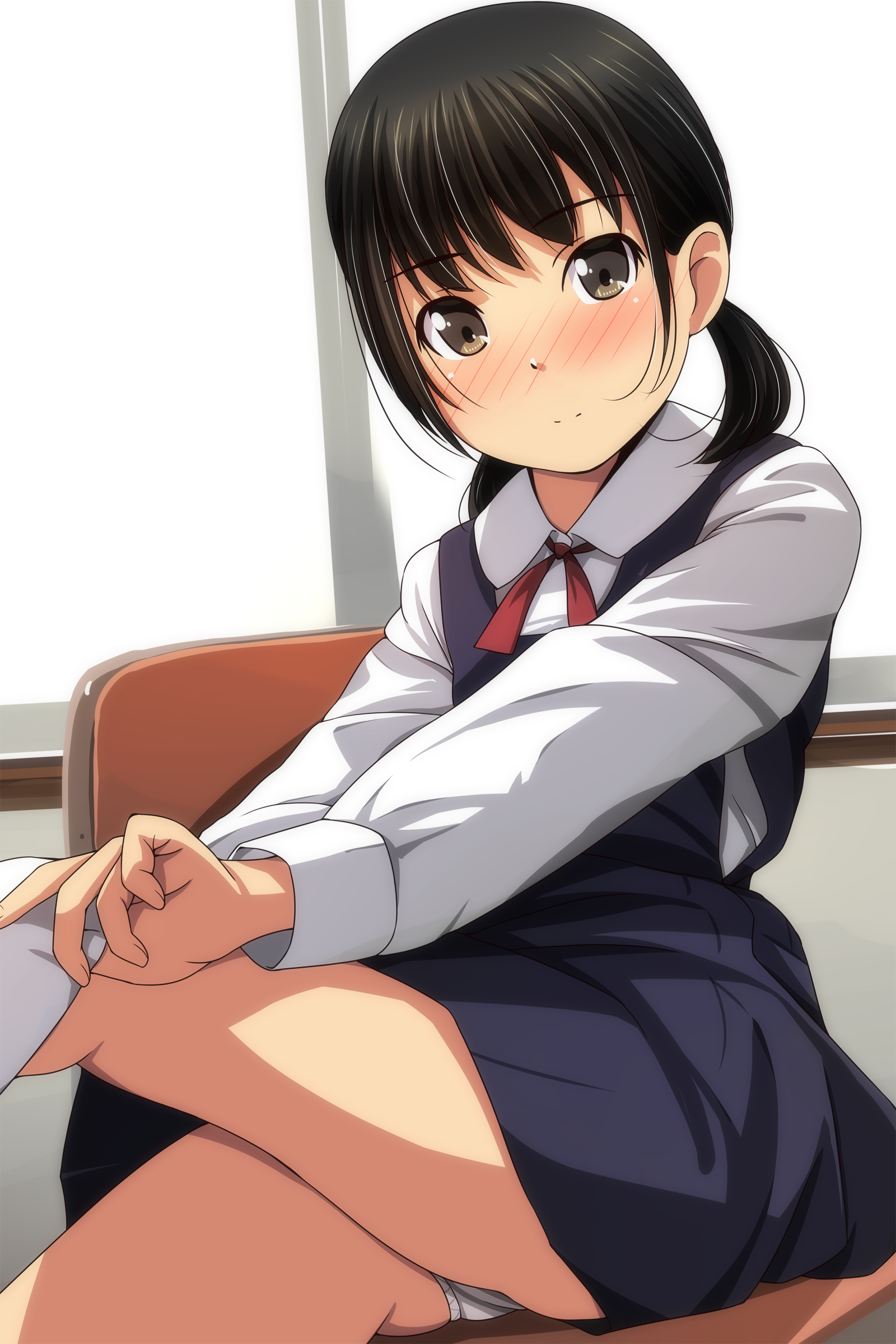 1girl absurdres ass black_hair blue_dress blush chair closed_mouth collared_shirt dress feet_out_of_frame highres kneehighs kneehighs_pull long_sleeves low_twintails matsunaga_kouyou nose_blush on_chair original panties pinafore_dress pleated_dress red_neckwear school_chair shirt sitting sleeveless sleeveless_dress smile socks solo twintails underwear white_panties white_shirt white_socks window