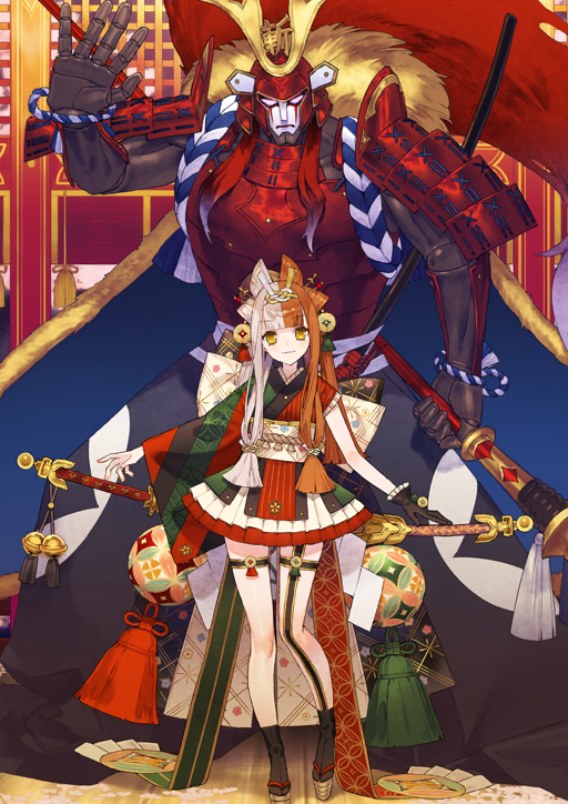 1girl armor asymmetrical_legwear asymmetrical_sleeves back_bow black_gloves black_socks blunt_bangs bow breasts closed_mouth fate/grand_order fate_(series) frilled_gloves frills full_body game_cg gloves green_kimono hair_bun hair_ornament hairband helmet izumo_no_okuni_(fate) izumo_no_okuni_(third_ascension)_(fate) japanese_armor japanese_clothes kabuki kabuto_(helmet) katana kimono long_hair long_sidelocks long_sleeves looking_at_viewer low-tied_sidelocks miniskirt multicolored_hair multicolored_kimono noco_(adamas) official_art okobo orange_hair outstretched_arms platform_sandals quad_buns red_armor red_kimono robot rope samurai sandals sheath sheathed shide short_kimono short_sleeves shoulder_armor sidelocks single_glove skirt smile socks sode split-color_hair standing striped_clothes striped_kimono sword tabi tassel third-party_source twintails two-tone_hair uneven_sleeves variant_set weapon white_hair white_skirt wide_sleeves zanzaburou_(fate)