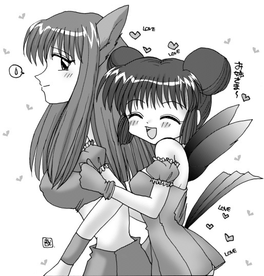 aizawa_mint bird_girl fujiwara_zakuro kanaemon magical_girl mew_mint mew_zakuro monochrome onee-sama_(speech) tail tail_wagging yuri