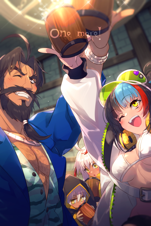 1boy 1girl 3girls ahoge bare_shoulders beard black_eyes black_hair blue_hair blue_jacket blush breasts camouflage cleavage collared_shirt cup dark-skinned_female dark_skin echo_(circa) edward_teach_(fate) edward_teach_(midsummer_gentleman)_(fate) facial_hair fate/grand_order fate_(series) green_headwear grey_shirt headphones headphones_around_neck hood hooded_jacket jacket large_breasts long_hair midsummer_gentleman mug multicolored_hair multiple_girls mustache okita_souji_(fate) okita_souji_(koha-ace) okita_souji_alter_(swimsuit_saber)_(fate) one_eye_closed open_mouth red_hair rengoku_(fate) rengoku_(first_ascension)_(fate) sei_shounagon_(fate) sei_shounagon_(swimsuit_berserker)_(fate) sei_shounagon_(swimsuit_berserker)_(first_ascension)_(fate) shirt short_hair sidelocks smile twintails very_long_hair visor_cap white_hair yellow_eyes