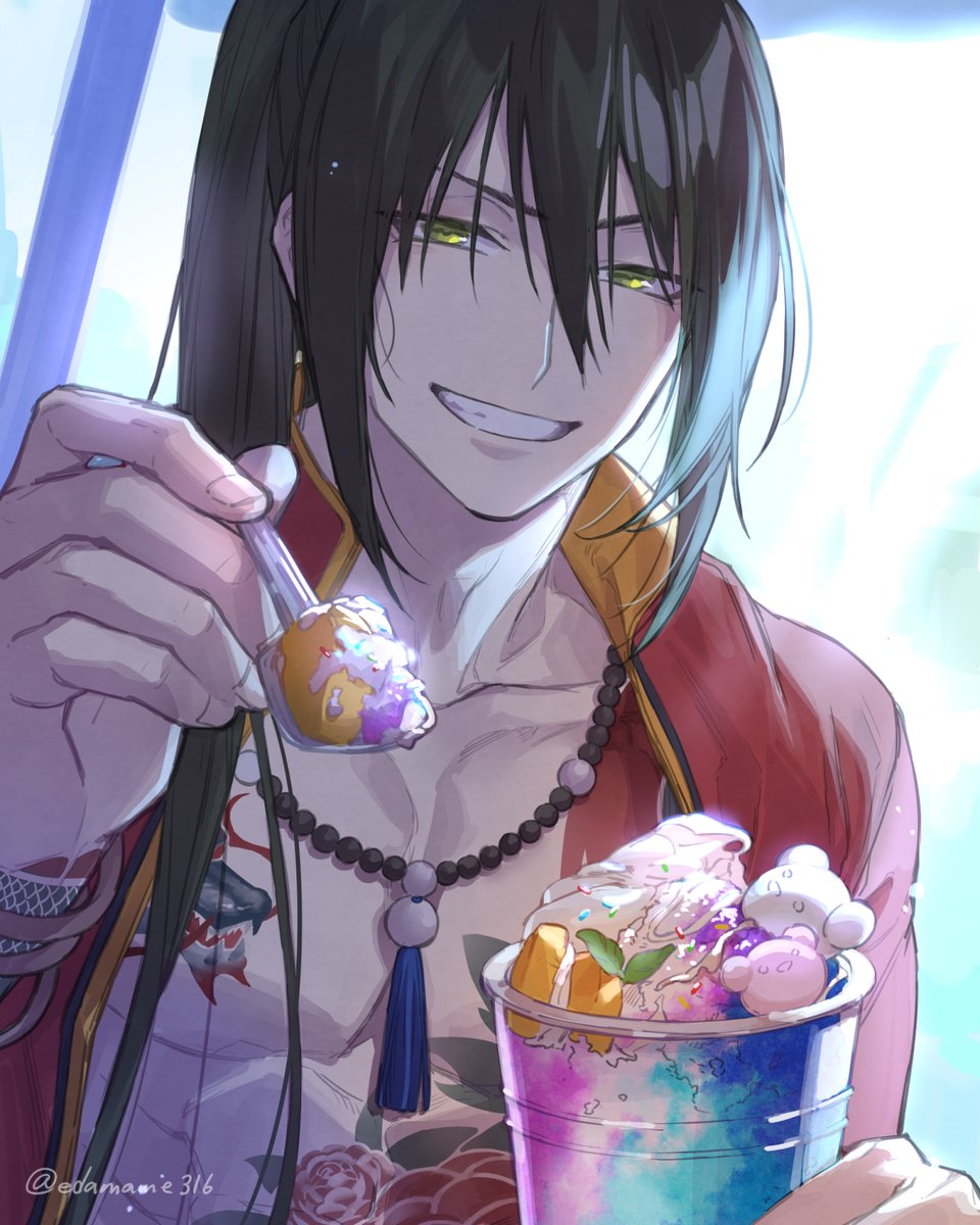 1boy alternate_hairstyle black_hair chain chain_necklace commentary_request dragon_tattoo edamameoishii fate/grand_order fate_(series) flower_tattoo food full-body_tattoo green_eyes hair_between_eyes highres holding holding_food holding_ice_cream holding_spoon ice_cream jacket jewelry long_hair long_sleeves looking_at_viewer male_focus necklace official_alternate_costume pearl_necklace ponytail red_jacket smile solo spoon tattoo teeth toned toned_male twitter_username upper_body very_long_hair yan_qing_(fate) yan_qing_(training_wear)_(fate)