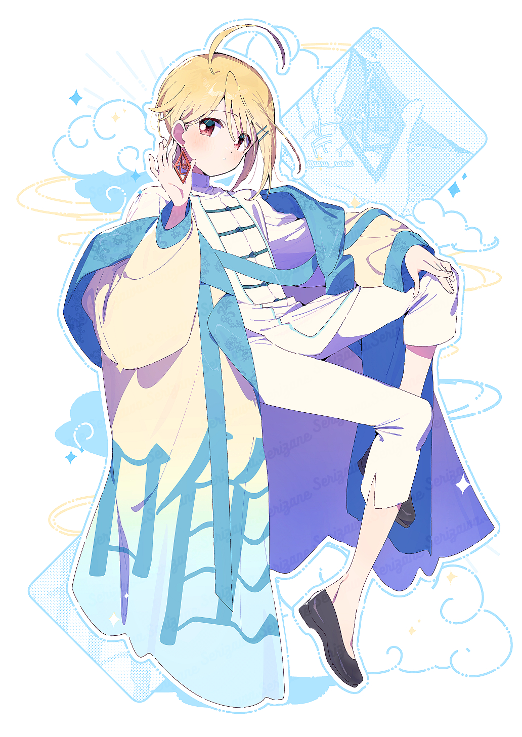 1boy adjusting_earrings ahoge alternate_costume black_shoes blonde_hair blue_robe bright_pupils chinese_clothes closed_mouth collared_shirt commentary_request diamond_earrings dot_nose earrings expressionless full_body gold_earrings gradient_robe hair_ornament hairclip hand_on_own_knee high_collar highres hotori_tadase invisible_chair jewelry knee_up layered_sleeves light_blush long_sleeves male_focus orange_eyes outline pants paru_rari robe shirt shoes short_hair shugo_chara! sitting solo sparkle swept_bangs tangzhuang unworn_clothes white_background white_outline white_pants white_pupils white_shirt x_hair_ornament xiangyun yellow_robe zoom_layer