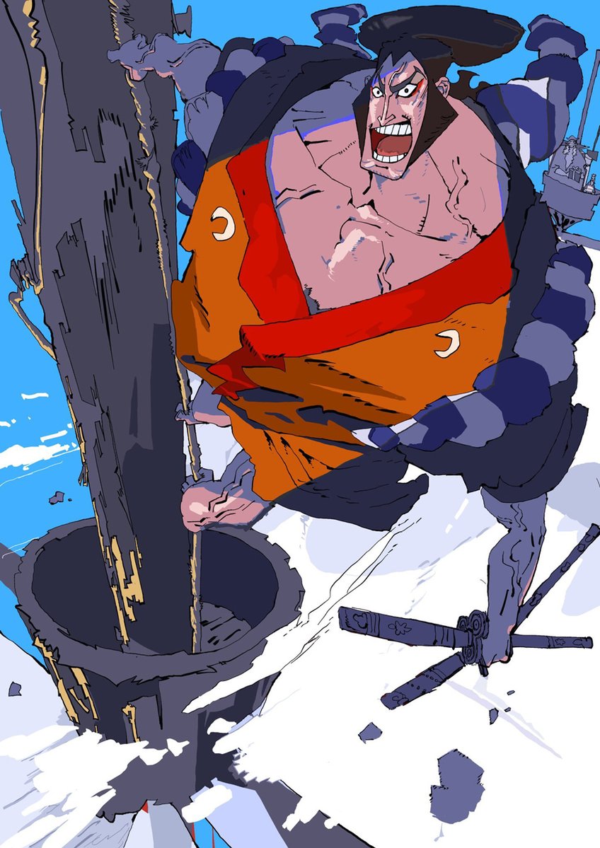 3boys black_hair blue_sky box commentary_request daiwi_(qg525) edward_newgate eyeliner facial_hair gift gift_box hat holding holding_sword holding_weapon japanese_clothes kimono kouzuki_oden looking_at_viewer makeup male_focus marco_(one_piece) multiple_boys mustache official_art one_piece open_mouth orange_kimono pirate_hat red_eyeliner rope shimenawa sideburns sky sword weapon