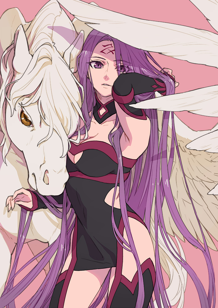 1girl breasts collarbone cowboy_shot detached_sleeves eyes_visible_through_hair facial_mark fate/stay_night fate_(series) forehead_mark isshoku_(shiki) large_breasts long_hair looking_at_viewer medusa_(fate) medusa_(rider)_(fate) medusa_(rider)_(third_ascension)_(fate) parted_lips pegasus pink_background purple_eyes purple_hair shadow simple_background solo square_pupils standing teeth very_long_hair wings