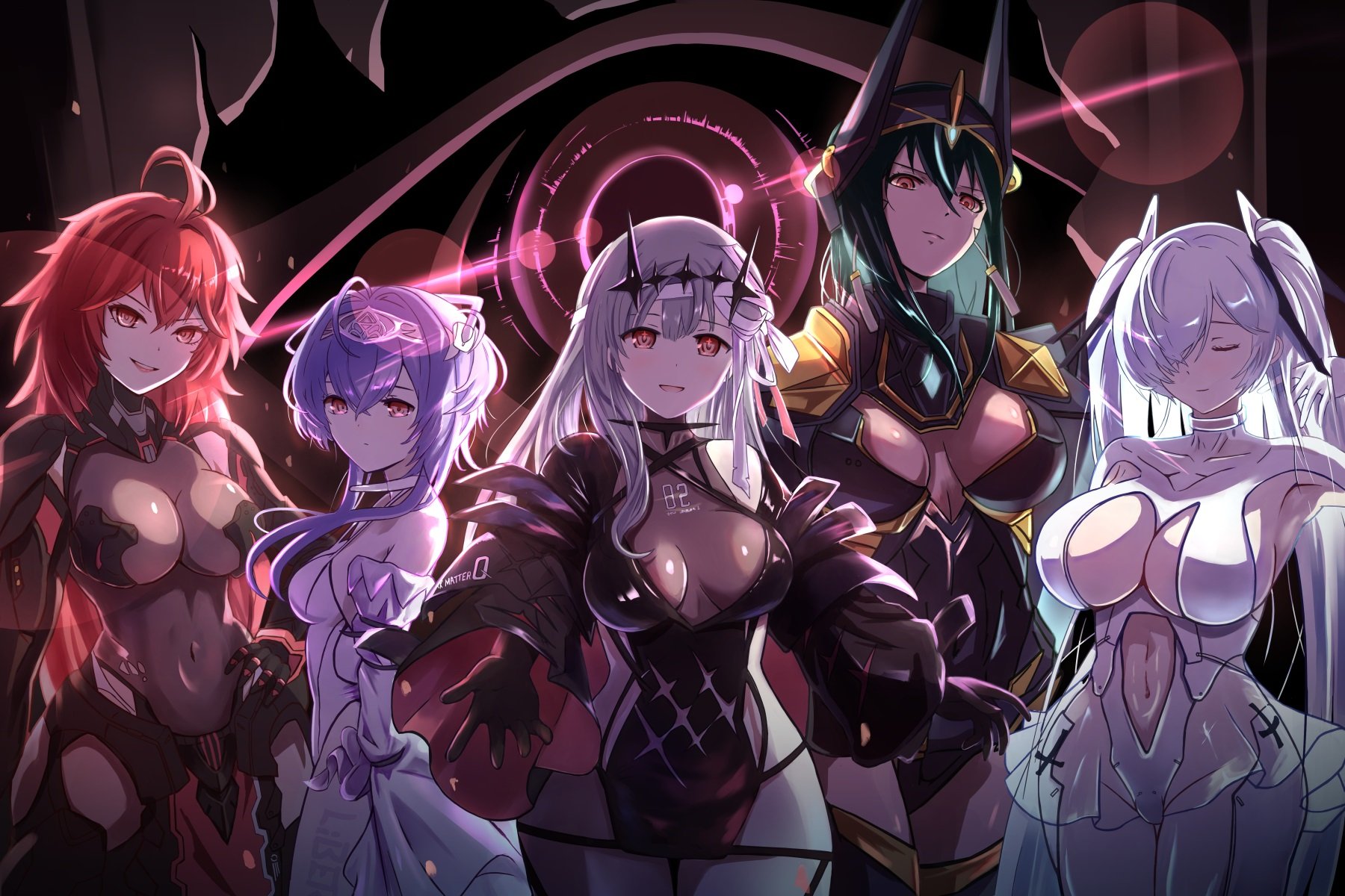 5girls ahoge armor armored_leotard black_dress black_gloves bodystocking bodysuit boobplate breastplate breasts cinderella_(nikke) cleavage cleavage_cutout clothing_cutout detached_sleeves diadem dress earrings frills gloves goddess_of_victory:_nikke green_hair grey_hair hair_between_eyes hair_intakes hair_ribbon headband headgear highres indivilia_(nikke) jewelry large_breasts leotard liberalio_(nikke) long_hair looking_at_viewer lunati_nikke marian_(nikke) medium_breasts modernia_(nikke) modernia_(second_affection)_(nikke) multiple_girls navel_cutout nihilister_(nikke) orange_eyes pink_ribbon purple_hair red_eyes red_hair ribbon see-through_clothes see-through_cleavage see-through_skirt short_hair sidelocks skirt torn_bodystocking torn_clothes twintails very_long_sleeves white_bodysuit white_hair