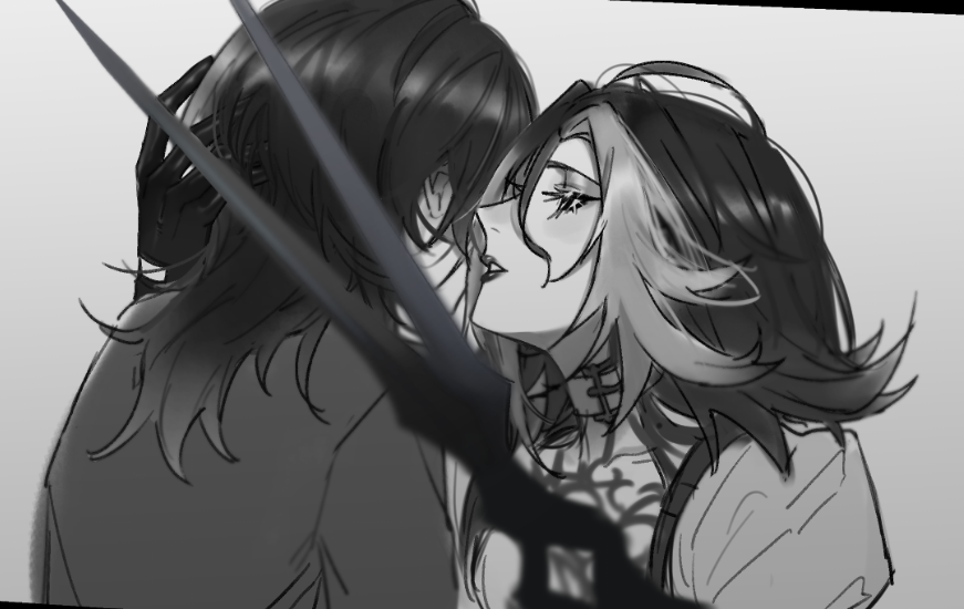 2girls adela_(path_to_nowhere) chief_(path_to_nowhere) commentary female_chief_(path_to_nowhere) gloves greyscale hand_on_another&#039;s_head heads_together juliet_sleeves kotori_(b-i-r-d) long_hair long_sleeves medium_hair monochrome multicolored_hair multiple_girls parted_lips path_to_nowhere puffy_sleeves scissors streaked_hair upper_body whispering_in_ear yuri