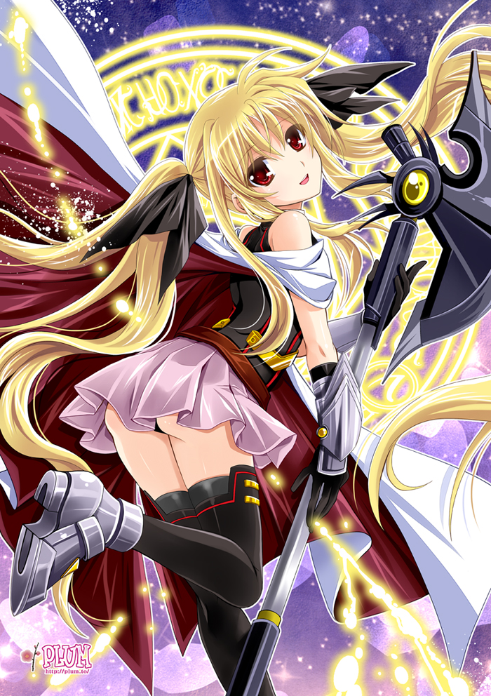 00s 1girl artist_name bardiche_(bullova_form)_(nanoha) bardiche_(nanoha) black_gloves black_thighhighs blonde_hair cape fate_testarossa fate_testarossa_(blaze_form) female_focus gloves hair_ribbon kanna_(plum) long_hair looking_at_viewer lyrical_nanoha magic_circle mahou_shoujo_lyrical_nanoha red_eyes ribbon skirt solo thighhighs very_long_hair