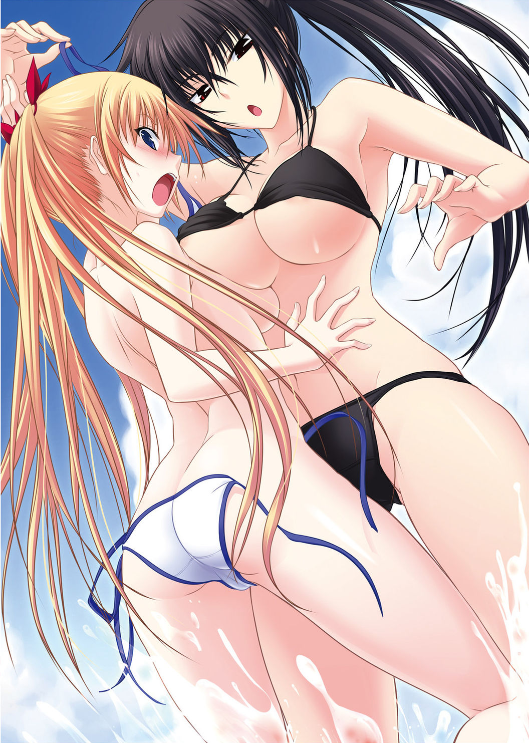 2girls :o areola_slip ass assisted_exposure asymmetrical_docking bare_shoulders bikini bikini_top_lift black_bikini black_hair blue_eyes blue_sky blush breast_press breasts cameltoe christiane_friedrich cleavage clothes_lift cloud day embarrassed highres kawagishi_keitarou kawakami_momoyo large_breasts legs looking_back maji_de_watashi_ni_koi_shinasai! maji_de_watashi_ni_koi_shinasai!_s multiple_girls official_art open_mouth ponytail red_eyes side-tie_bikini_bottom sky splashing swimsuit thighs topless_female untied_bikini wading white_bikini yuri
