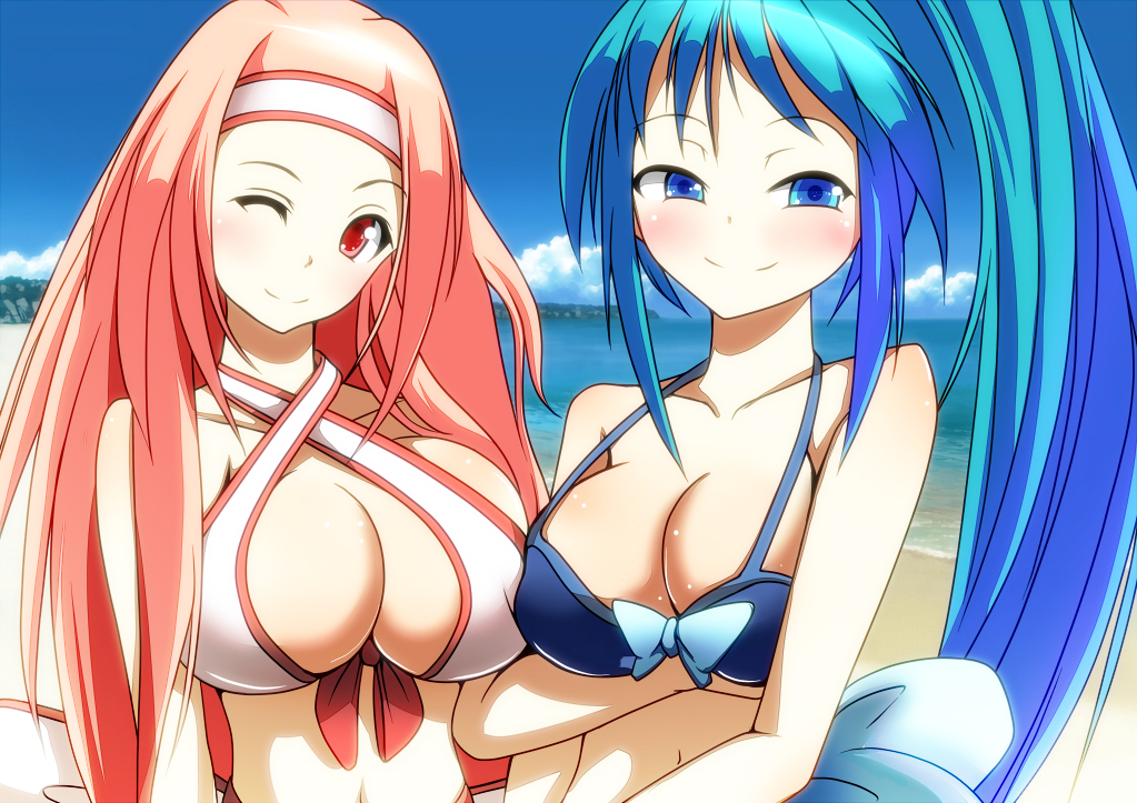 2girls aqua_hair beach bikini blue_eyes blush breasts chiyome_(p&amp;d) cleavage criss-cross_halter day front-tie_top hairband halterneck halterneck hatsume_(p&amp;d) huge_breasts long_hair looking_at_viewer merry_(diameri) multiple_girls navel one_eye_closed pink_hair ponytail puzzle_&amp;_dragons red_eyes smile strap_gap swimsuit very_long_hair wink