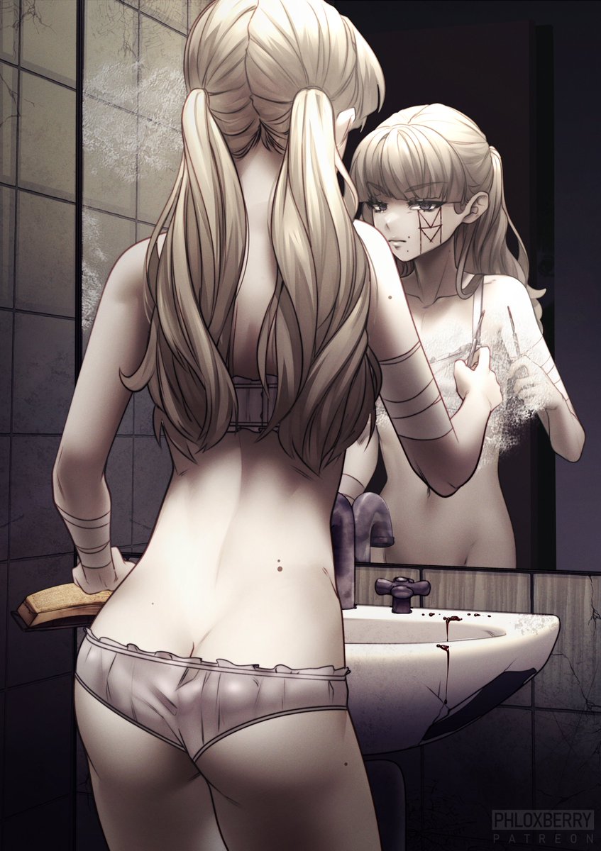 1girl against_mirror ass bandaged_arm bandages blood blood_on_face bra fear_&amp;_hunger fear_&amp;_hunger_(series) fear_&amp;_hunger_2:_termina female_focus highres holding_scalpel looking_at_mirror marina_(fear_&amp;_hunger) mirror mole mole_on_thigh panties phloxberry sight underwear underwear_only