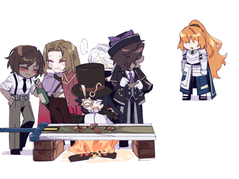 2boys 4girls armor black_hair black_hat blue_cape blue_dress blue_necktie blush brown_hair cape chopsticks closed_eyes coat collared_shirt cooking dress drunk e.g.o_(project_moon) faust_(project_moon) fire full_body gold_trim greatsword grilling hat heathcliff_(project_moon) hong_lu_(project_moon) ishmael_(project_moon) limbus_company lobotomy_corporation lobotomy_corporation_(identity)_(project_moon) long_hair mercuryhx molar_office_(identity)_(project_moon) multiple_boys multiple_girls necktie open_mouth orange_hair outis_(project_moon) pink_coat ponytail project_moon purple_necktie regret_(e.g.o) rodion_(project_moon) rosespanner_workshop_(identity)_(project_moon) shirt short_hair sidelocks simple_background sword very_long_hair weapon white_armor white_background white_hair white_shirt yakiniku yurodiviye_(identity)_(project_moon) zwei_association_(identity)_(project_moon) zwei_west_(identity)_(project_moon)